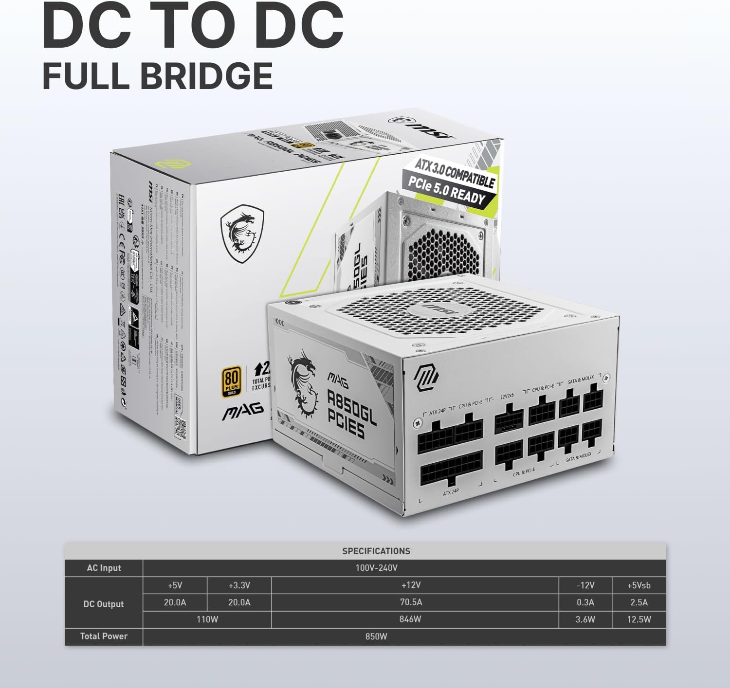MSI MAG A850GL PCIE5 White, Fully Modular Compact Gaming 850W Power Supply, 80+ Gold, ATX 3.1 & PCIe