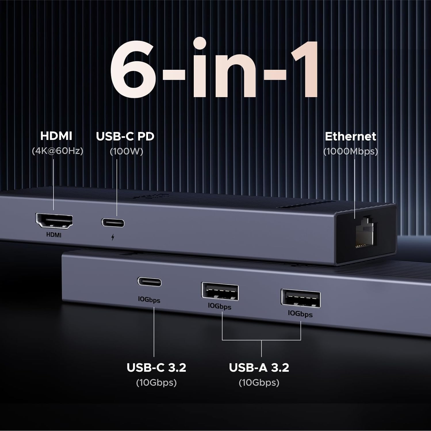 UGREEN Revodok 6 in 1 USB C Hub Gigabit Ethernet Adapter with 4K 60Hz HDMI, 100W PD Charging, 10Gbps