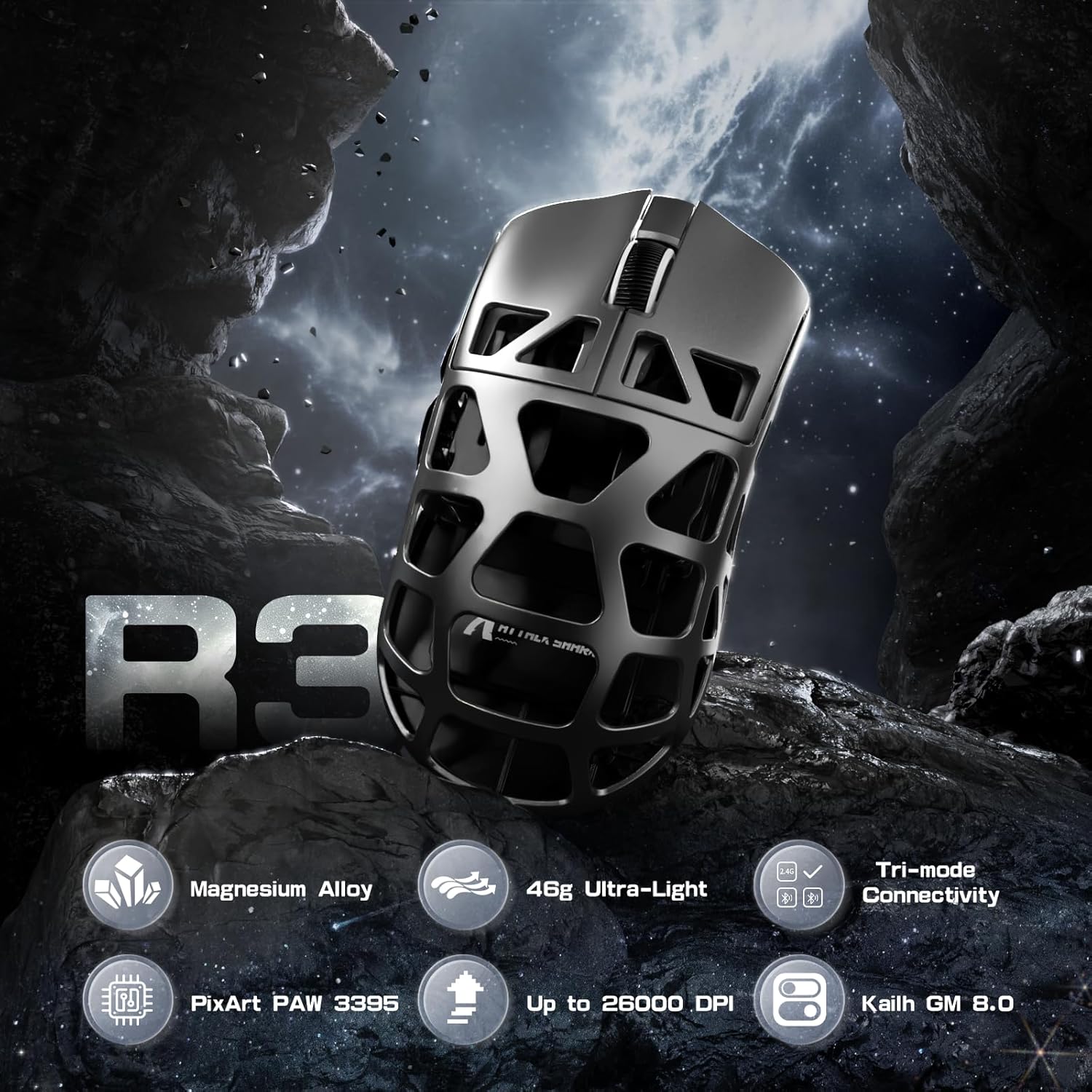 ATTACK SHARK R3 46g Superlight Wireless Gaming Mouse, Magnesium Alloy BT/2.4Ghz/Wired Computer Mouse