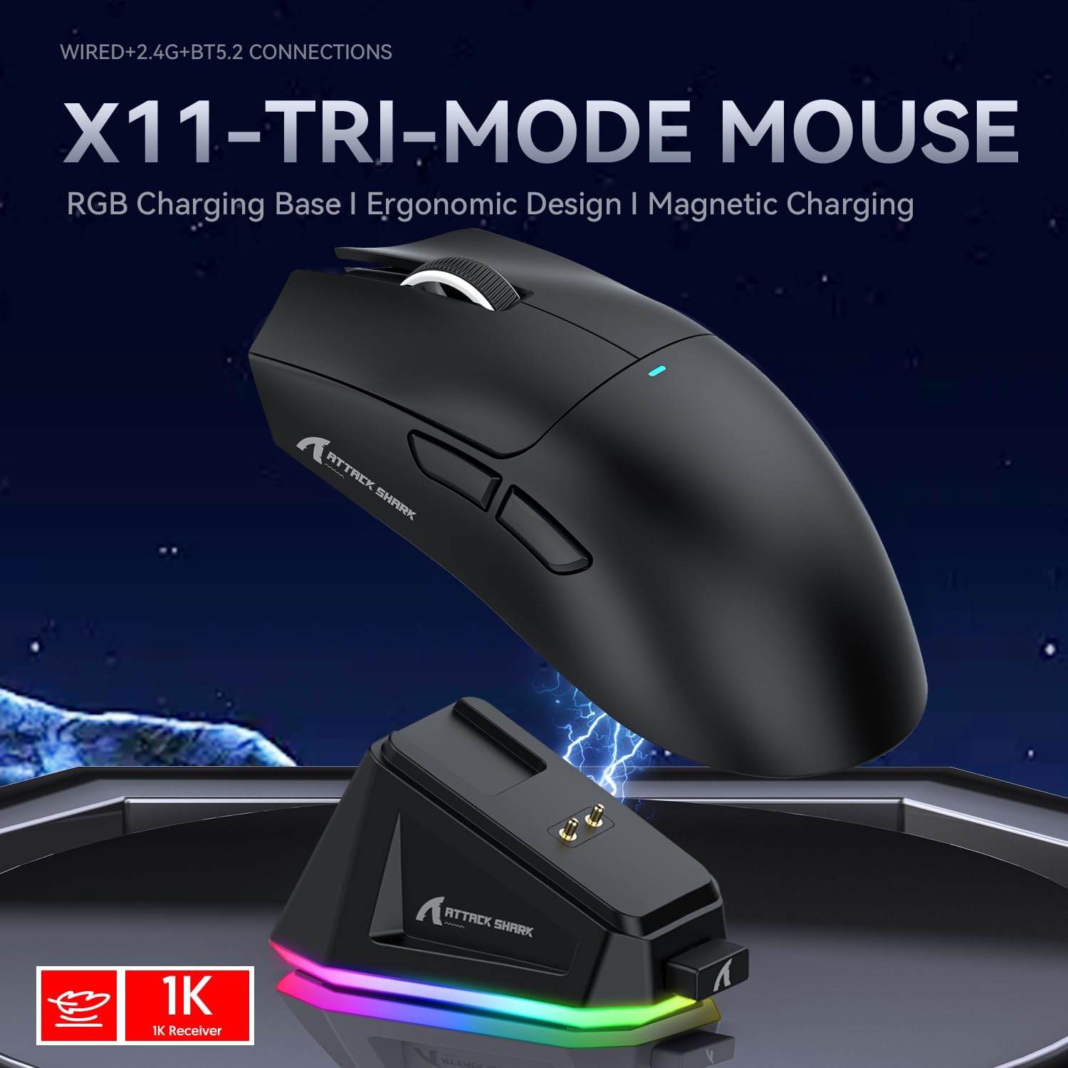 ATTACK SHARK X11 Gaming Mouse with Magnetic Charging Dock, PixArt PAW3311 Gaming Sensor, BT/2.4G Wir