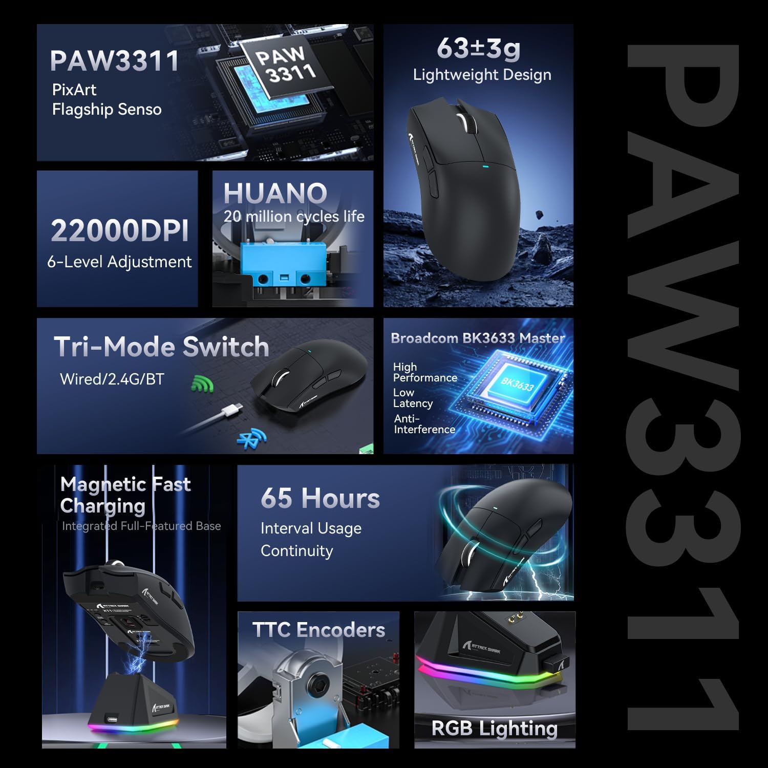ATTACK SHARK X11 Gaming Mouse with Magnetic Charging Dock, PixArt PAW3311 Gaming Sensor, BT/2.4G Wir