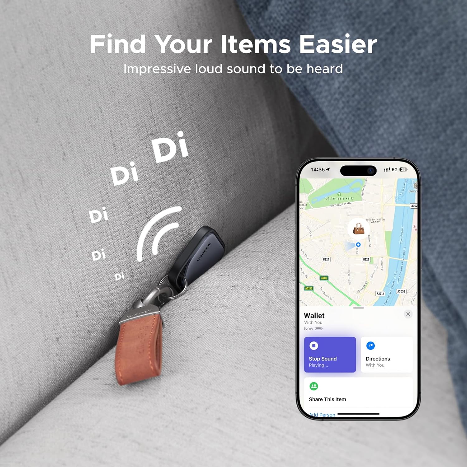 UGREEN FineTrack Smart Finder Bluetooth Tracker Compatible With Apple Find My Replaceable Battery Item Locator Tag For Keys Luggage & Passports (iOS Only)
