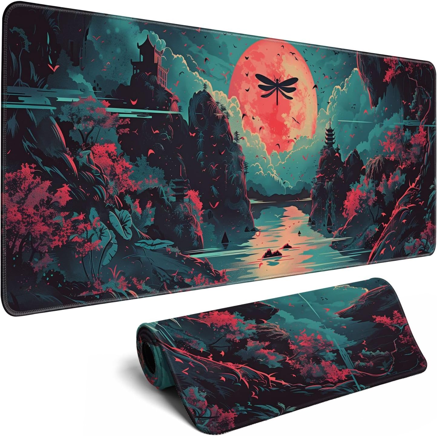 Japanese Desk Mat Riverside Full Moon Desk Pad Psychedelic Mlarge Mouse Pad Dragonfly Gaming Mousepa