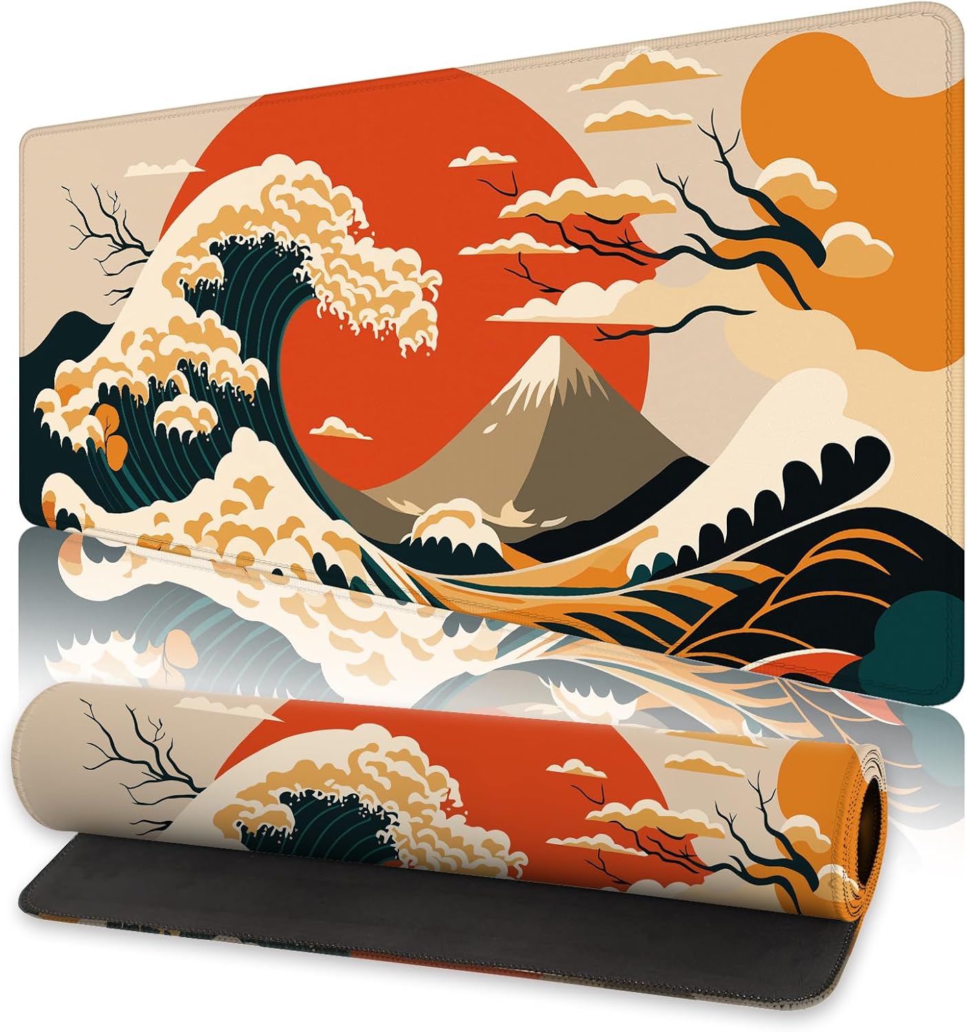 Extended Gaming Mouse Pad Abstract Japanese Wave Large Computer Keyboard Mouse Mat with Non-Slip Bas