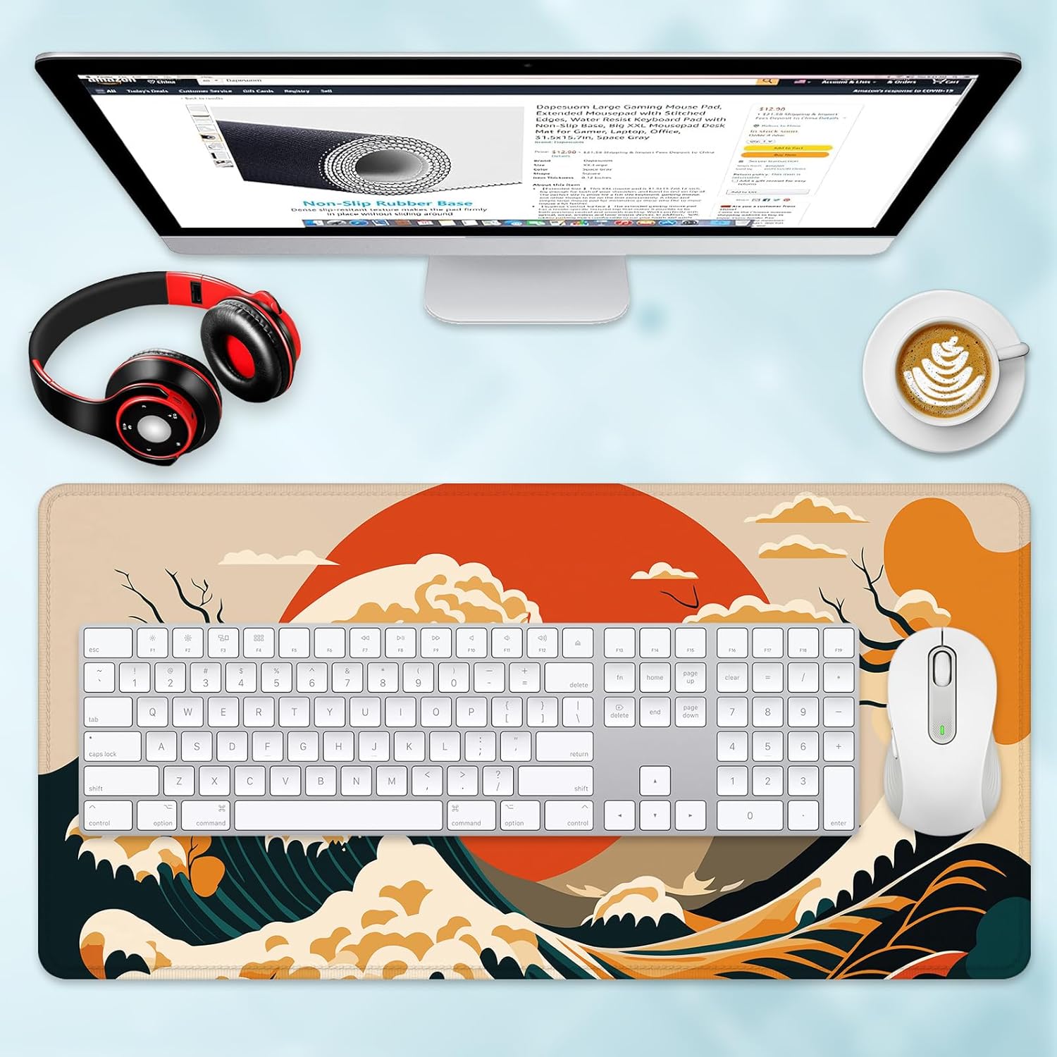 Extended Gaming Mouse Pad Abstract Japanese Wave Large Computer Keyboard Mouse Mat with Non-Slip Bas
