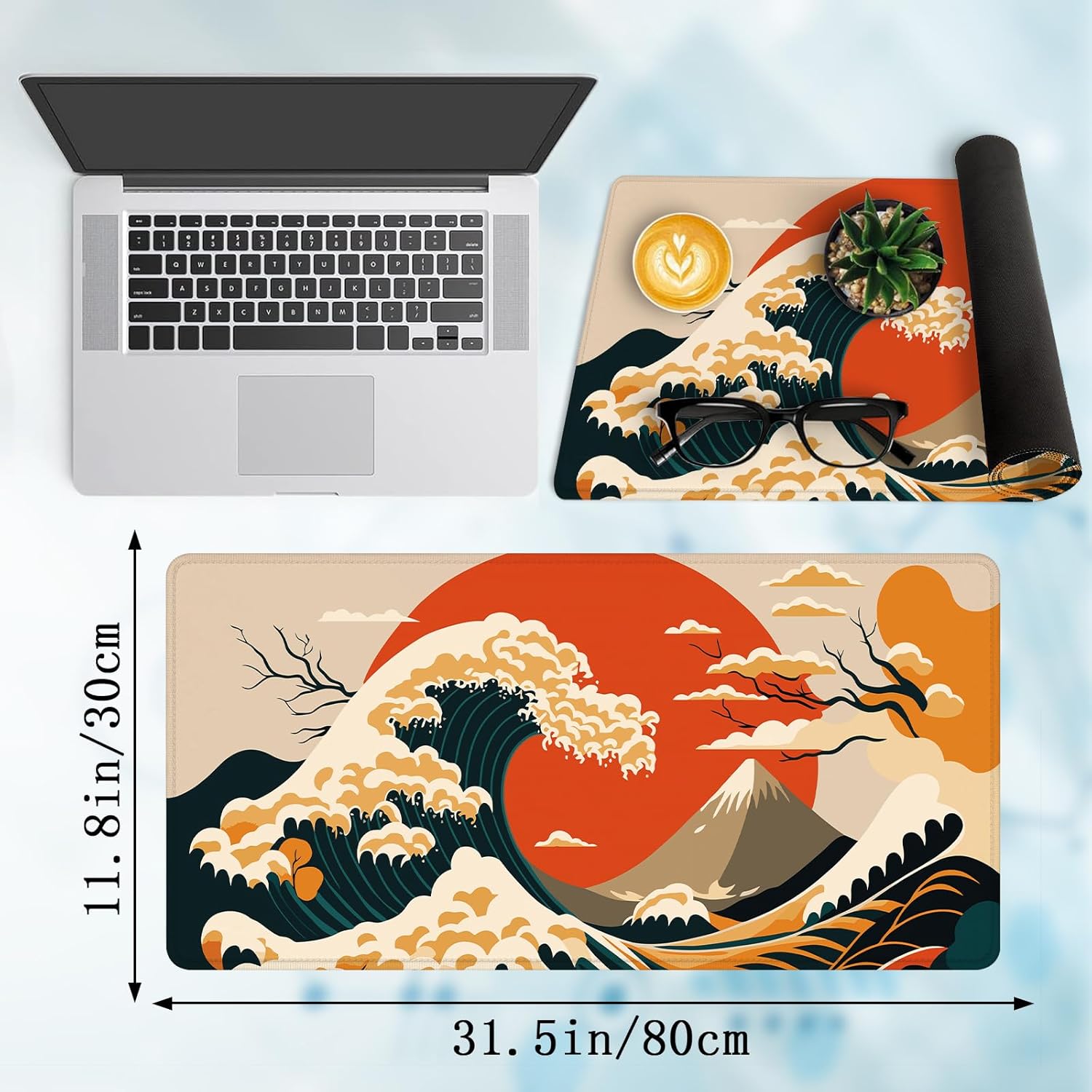 Abstract Japanese Wave Large Gaming Mouse Pad 80x30cm Stitched Edge