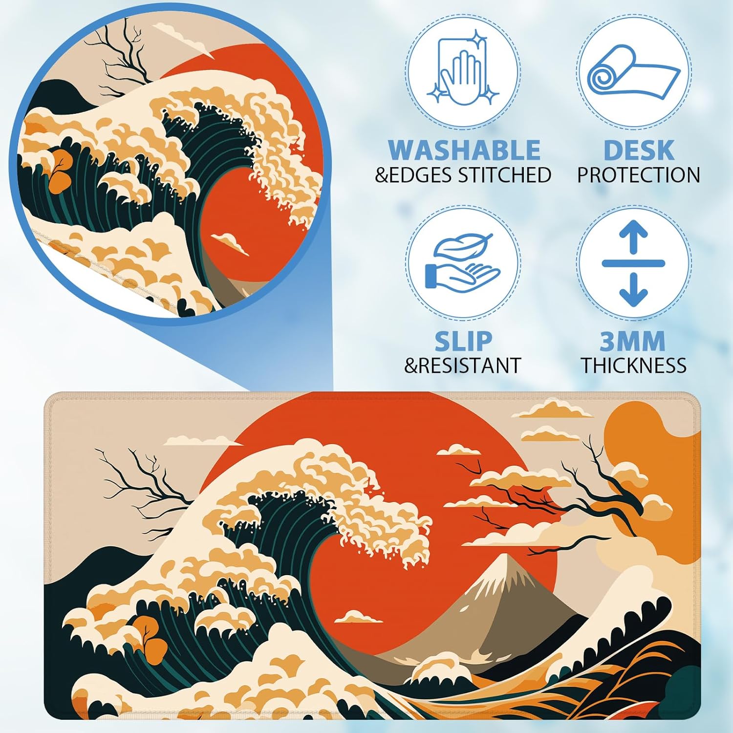 Abstract Japanese Wave Large Gaming Mouse Pad 80x30cm Stitched Edge