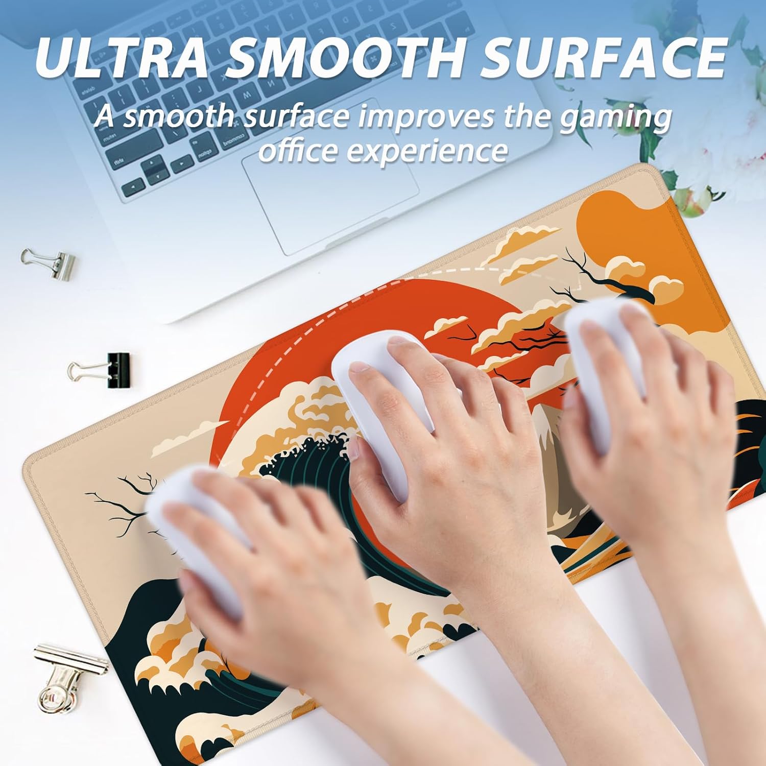 Abstract Japanese Wave Large Gaming Mouse Pad 80x30cm Stitched Edge