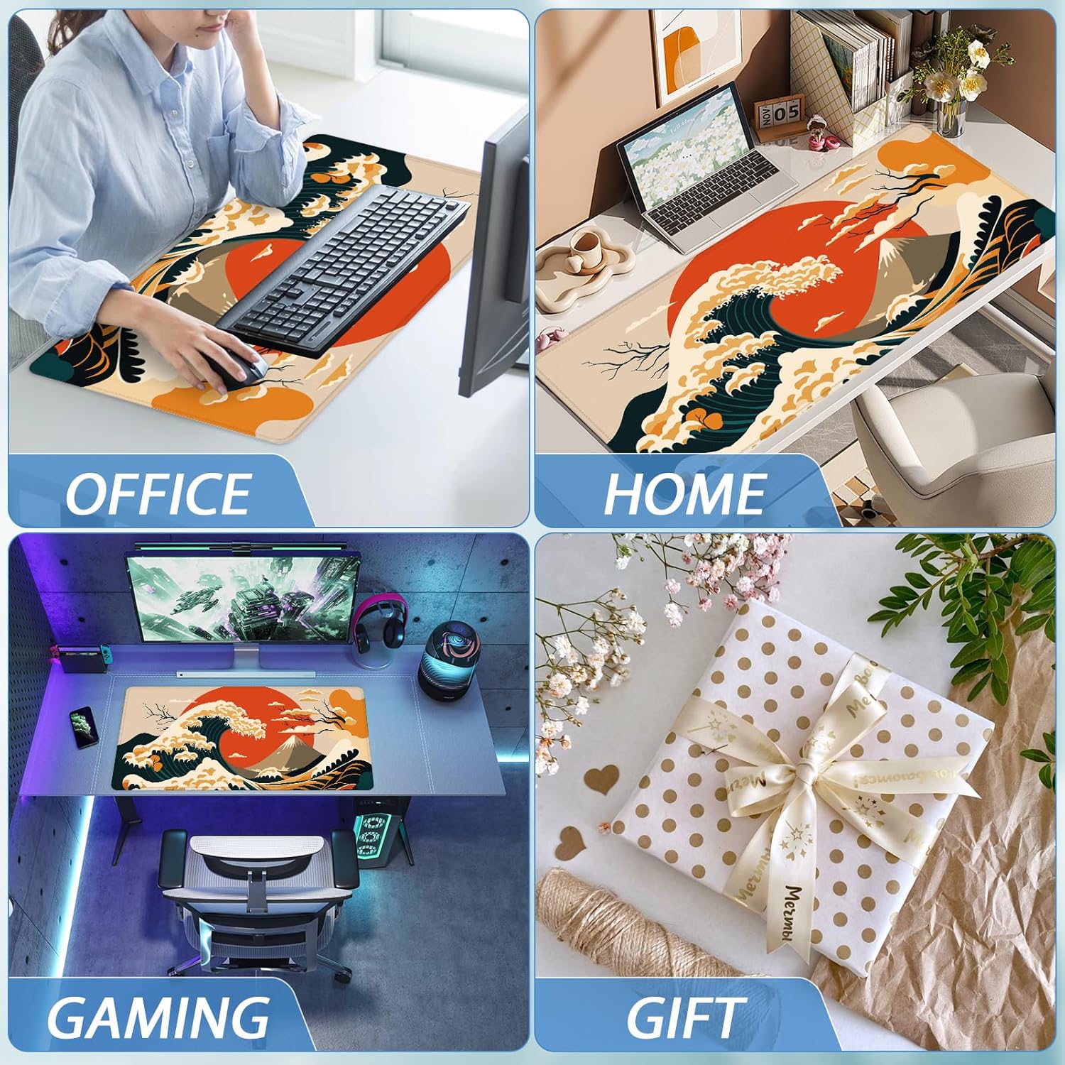 Abstract Japanese Wave Large Gaming Mouse Pad 80x30cm Stitched Edge
