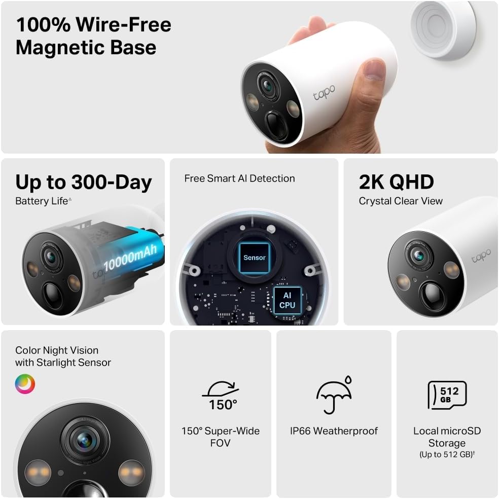 TP-Link Tapo Smart Home Battery-Powered Security Camera, Wireless, 2K QHD, IP66, 10000mAh Battery, 1