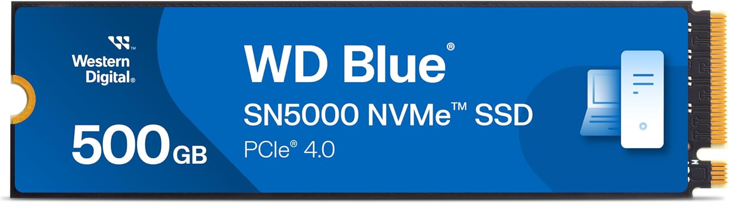 WD Blue SN5000 500GB SSD, NVMe SSD, Internal SSD, PCIe Gen 4.0, up to 5,000 MB/s read speeds, nCache