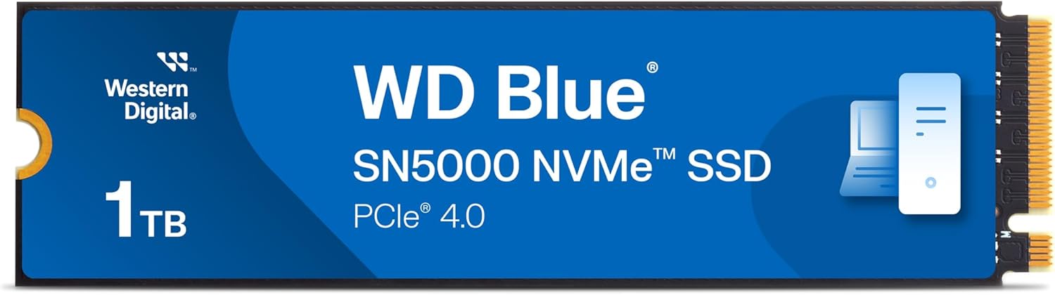 WD Blue SN5000 1TB SSD, NVMe SSD, Internal SSD, PCIe Gen 4.0, up to 5,150 MB/s read speeds, nCache T