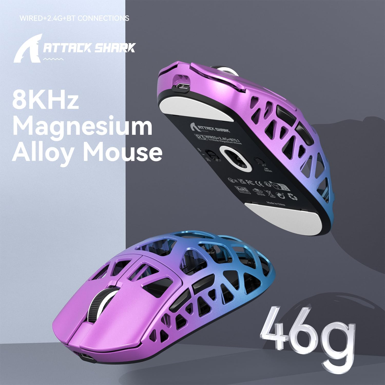 Attack Shark R3 46g Superlight Magnesium Alloy Wireless Gaming Mouse, BT/2.4Ghz/Wired Computer Mouse, 8000Hz Wire