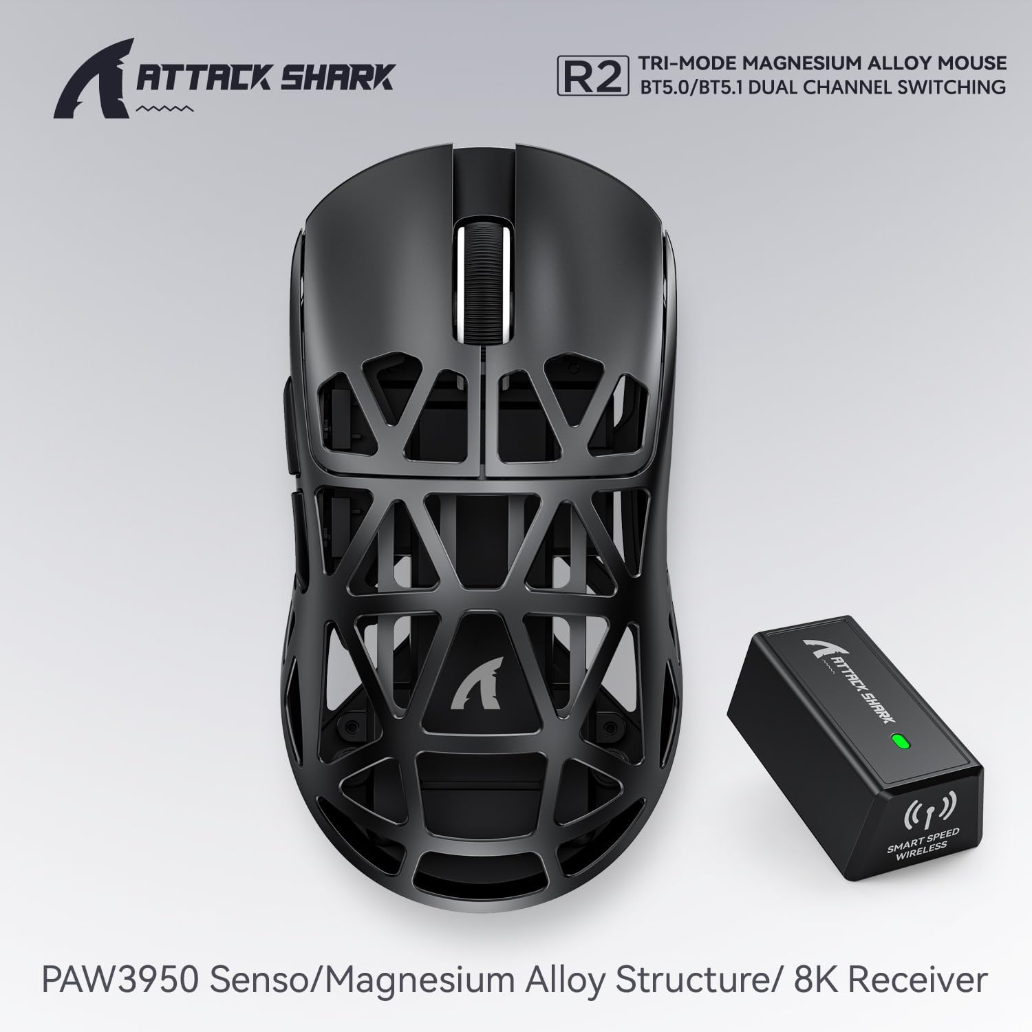 ATTACK SHARK R2 Magnesium Alloy Gaming Mouse, PixArt PAW3950 Sensor, Wireless 8K, 48g Superlight, BT