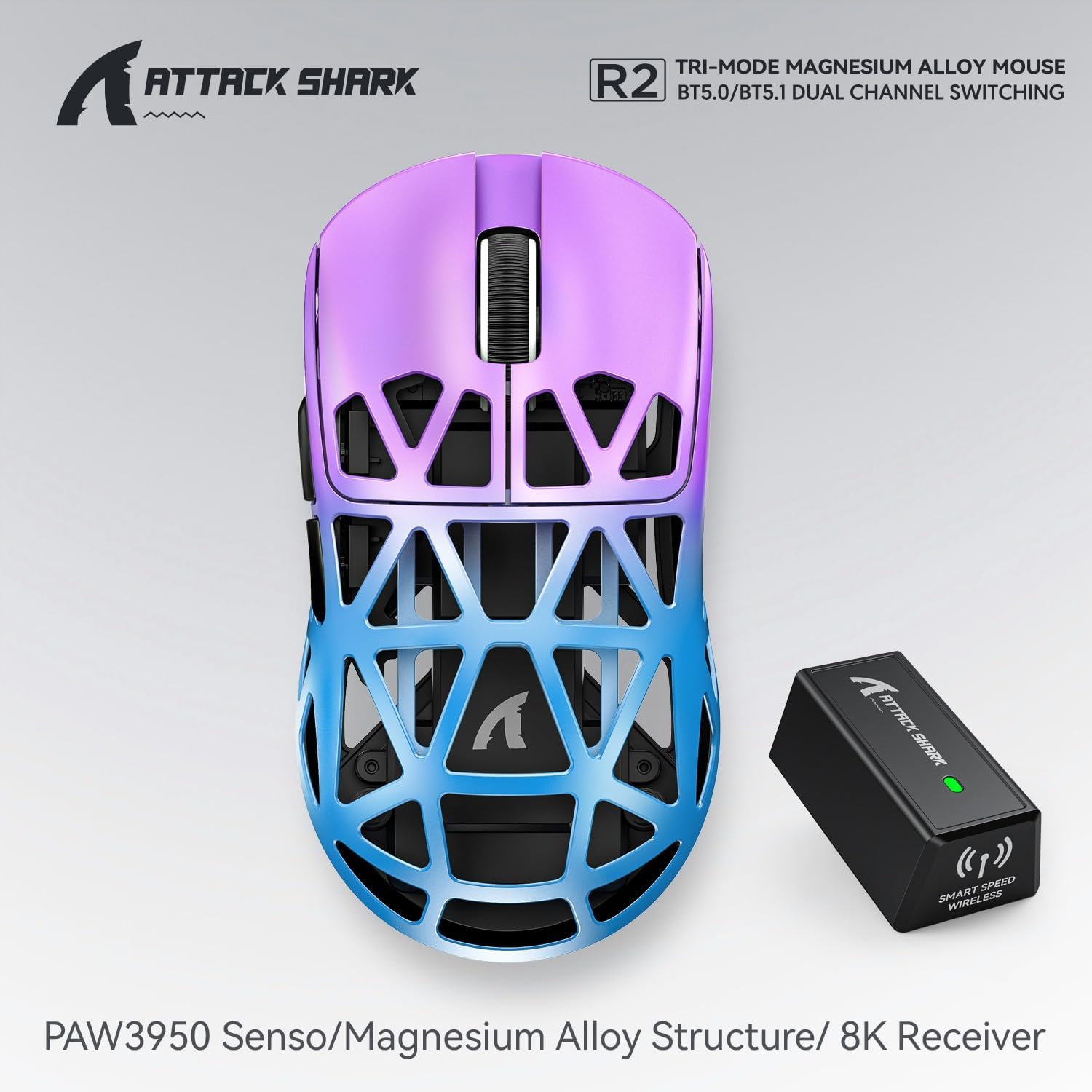 ATTACK SHARK R2 Magnesium Alloy Mouse, PixArt PAW3950 Gaming Sensor, Wireless 8K Mouse, 48g Superlig