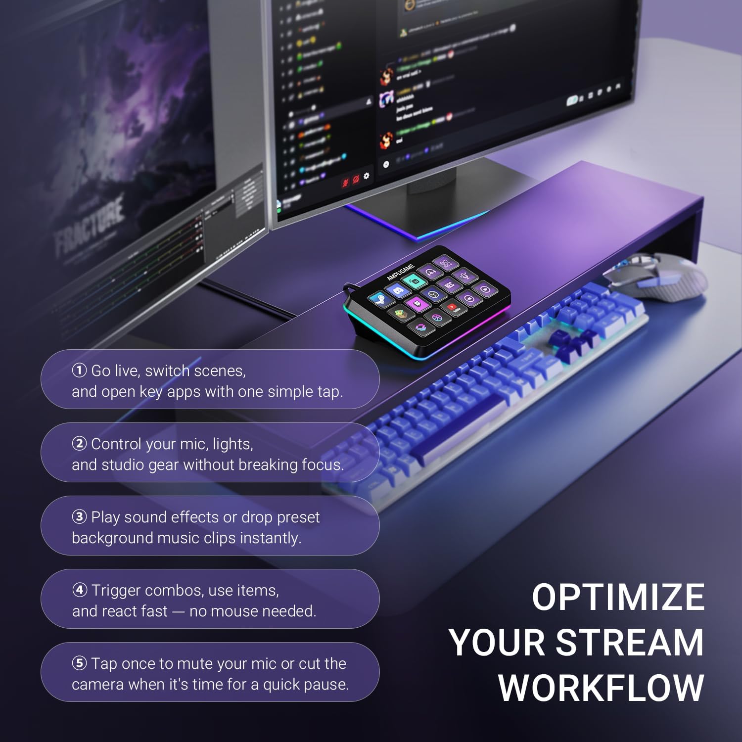 AmpliGame Fifine Stream Controller with 15 Macro Keys, Streaming Keyboard with Trigger Actions in OB