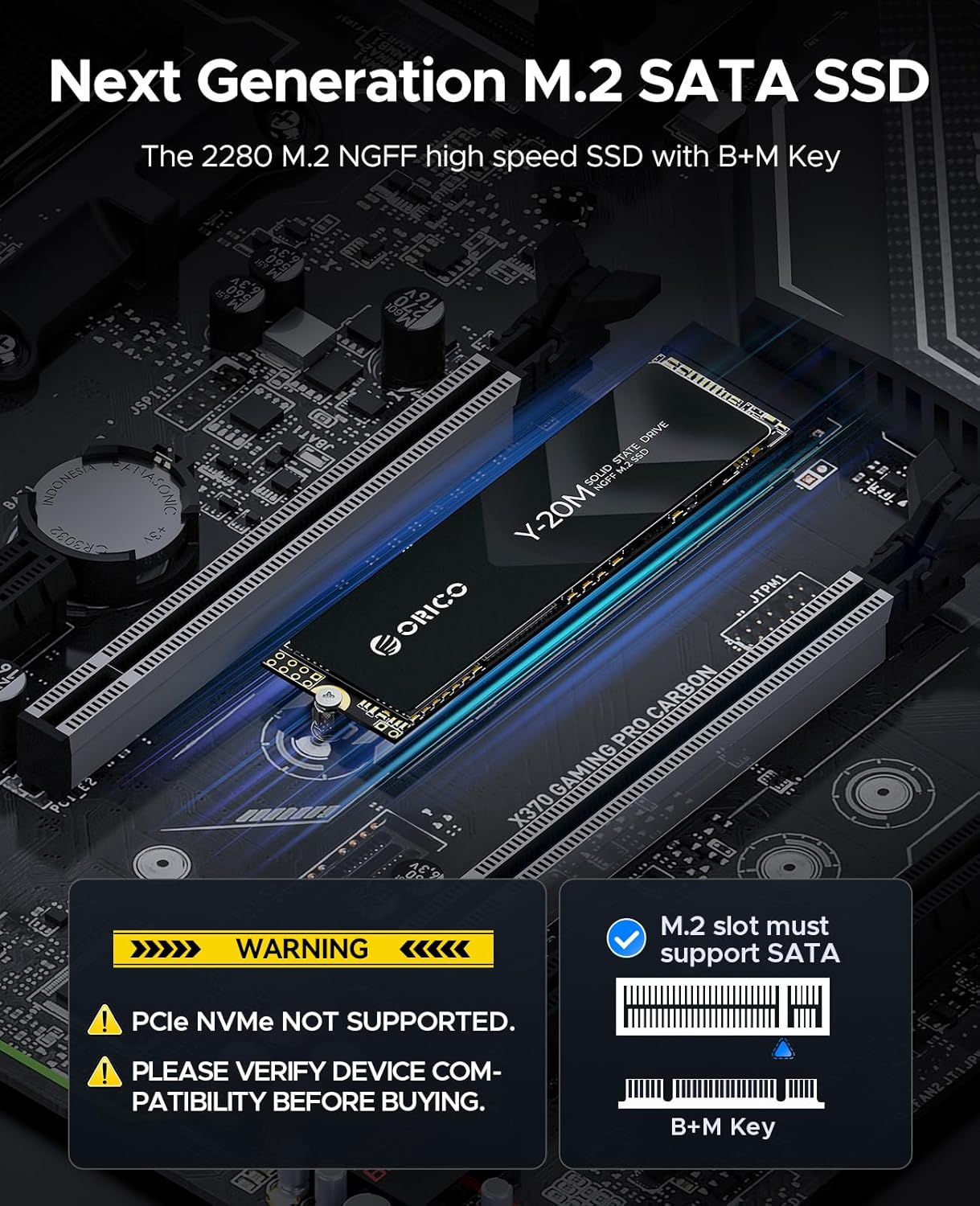 ORICO 1TB M.2 2280 SATA SSD, SATA III 6Gbps M2 SSD with B+M Key, 500MB/s Internal Solid State Drive