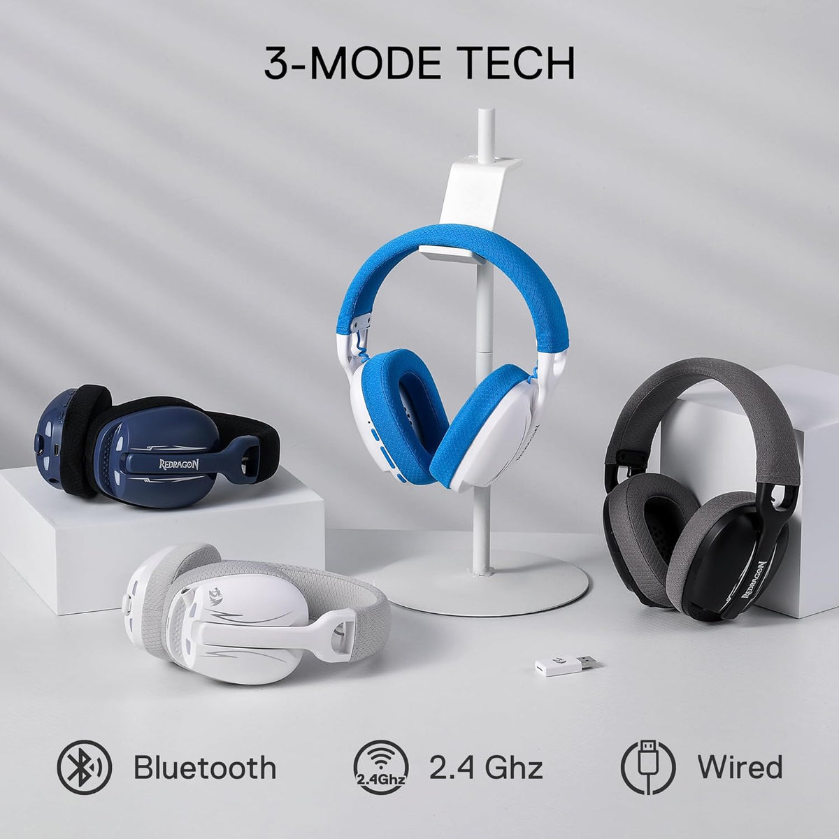 Redragon H878 3-Mode Wireless Blue Lighting Gaming Headset - Lightweight - 7.1 Surround Sound - 40MM (White Blue)