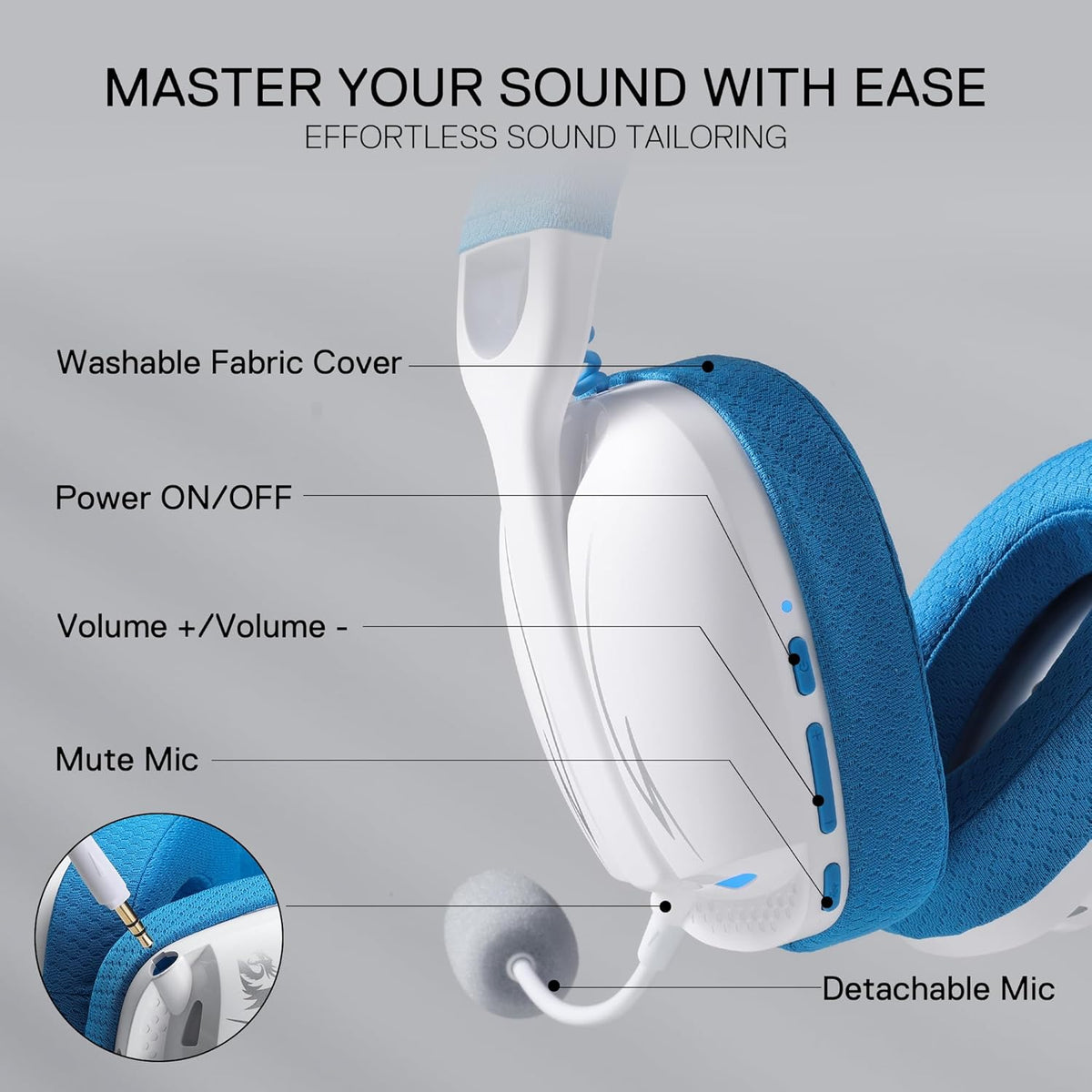 Redragon H878 3-Mode Wireless Blue Lighting Gaming Headset - Lightweight - 7.1 Surround Sound - 40MM (White Blue)