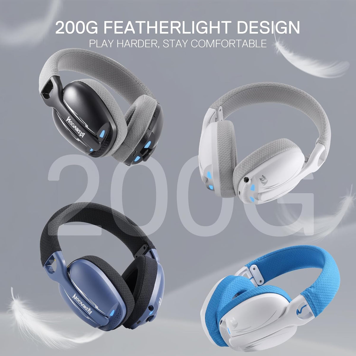 Redragon H878 3-Mode Wireless Blue Lighting Gaming Headset - Lightweight - 7.1 Surround Sound - 40MM (White Blue)