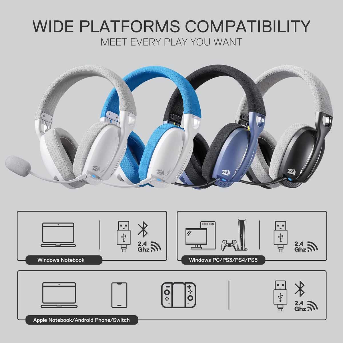 Redragon H878 3-Mode Wireless Blue Lighting Gaming Headset - Lightweight - 7.1 Surround Sound - 40MM (White Blue)