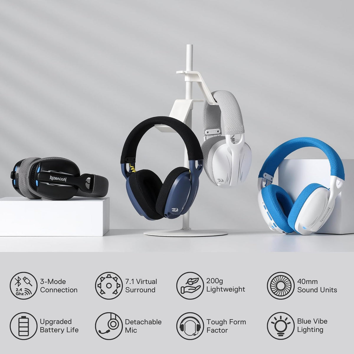 Redragon H878 3-Mode Wireless Blue Lighting Gaming Headset - Lightweight - 7.1 Surround Sound - 40MM (White Blue)