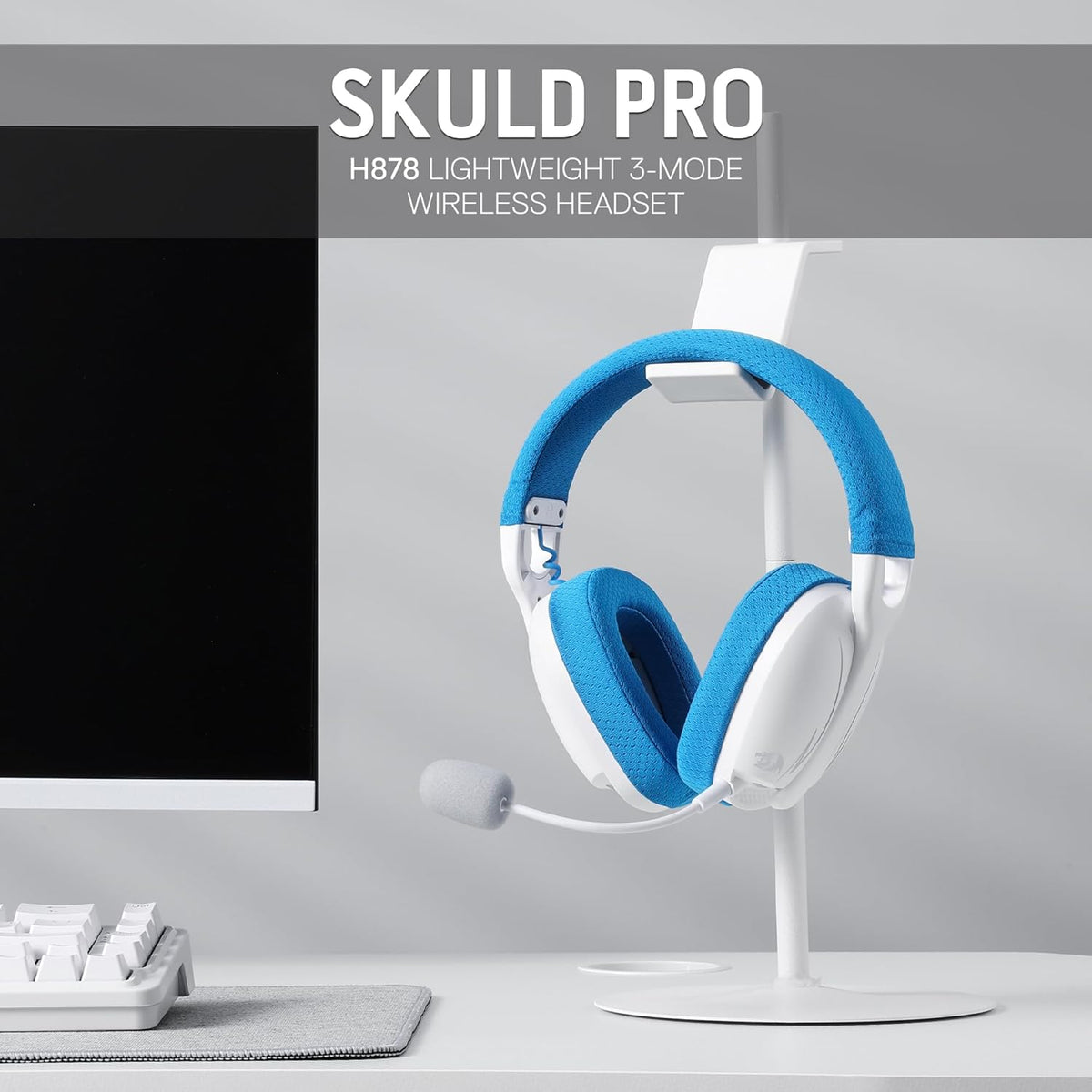 Redragon H878 3-Mode Wireless Blue Lighting Gaming Headset - Lightweight - 7.1 Surround Sound - 40MM (White Blue)