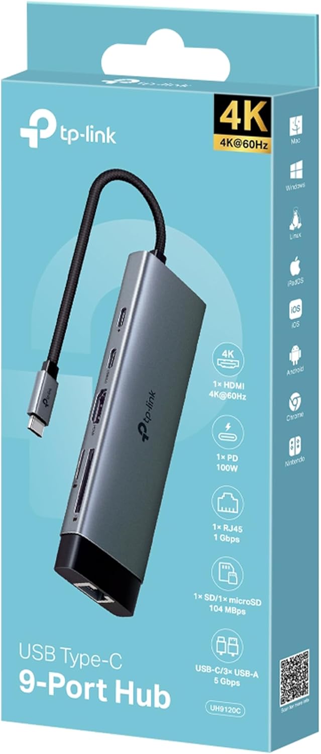 TPLINK UH9120C, USB Type-C 9-in-1 Hub, 4K@60Hz HDMI, 1Gbps Ethernet, SD & microSD UHS-I, 100W Power