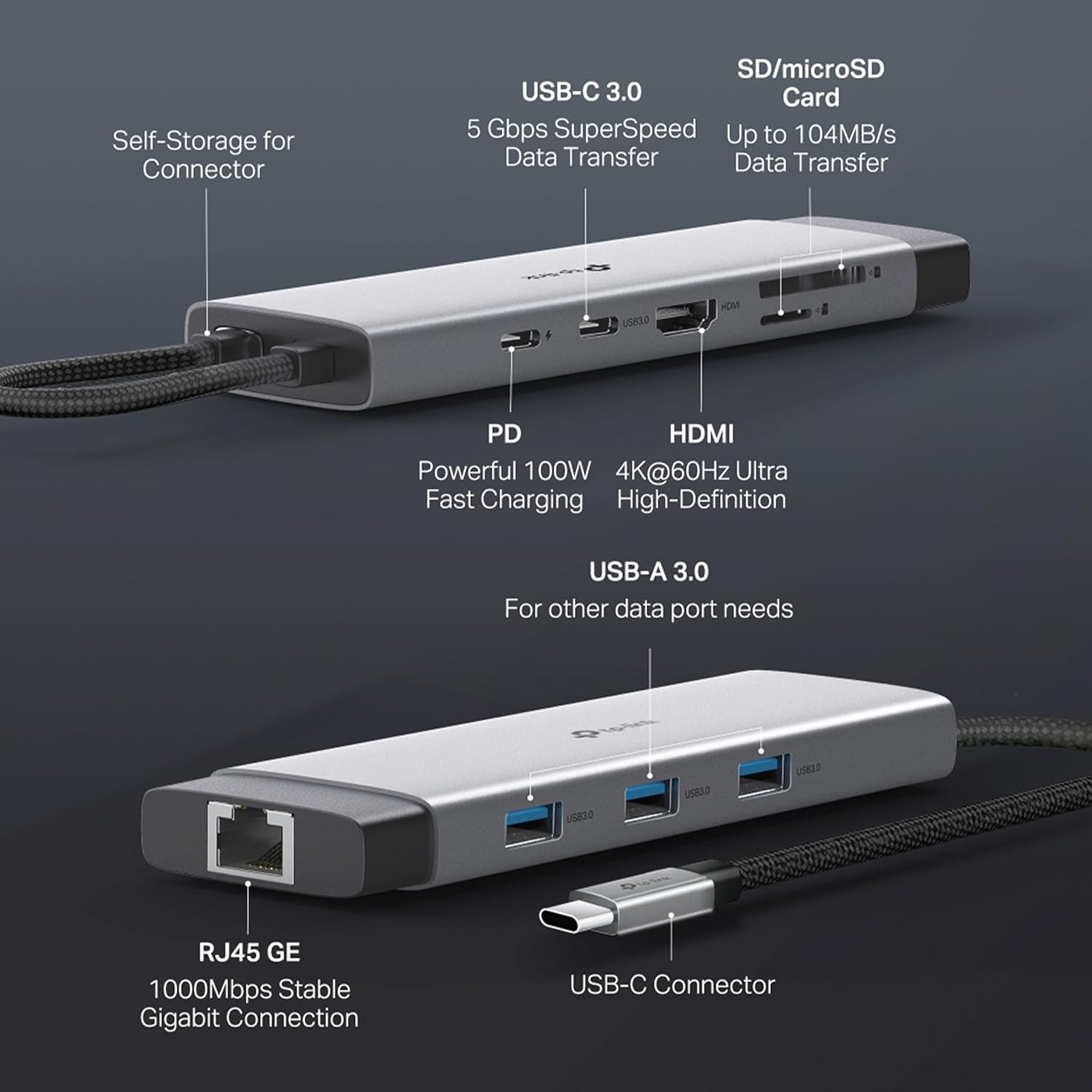 TP-Link UH9120C USB Type-C 9-in-1 Hub with 4K@60Hz HDMI plus 1Gbps Ethernet and SD microSD UHS-I slots also 100W Power Delivery with 4 USB 3.0 Data Ports - Aluminum Grey