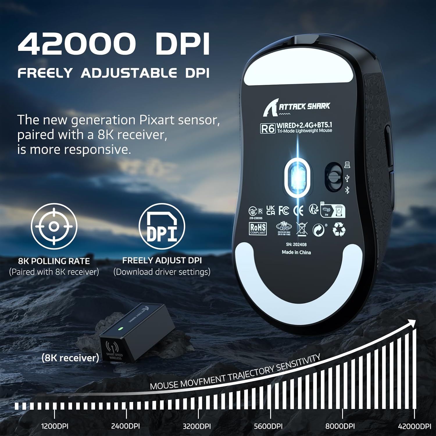 ATTACK SHARK R6 Wireless 8KHz Gaming Mouse, SUPERLIGHT 42g, Nordic 52840 MCU, PixArt PAW3950MAX Gami