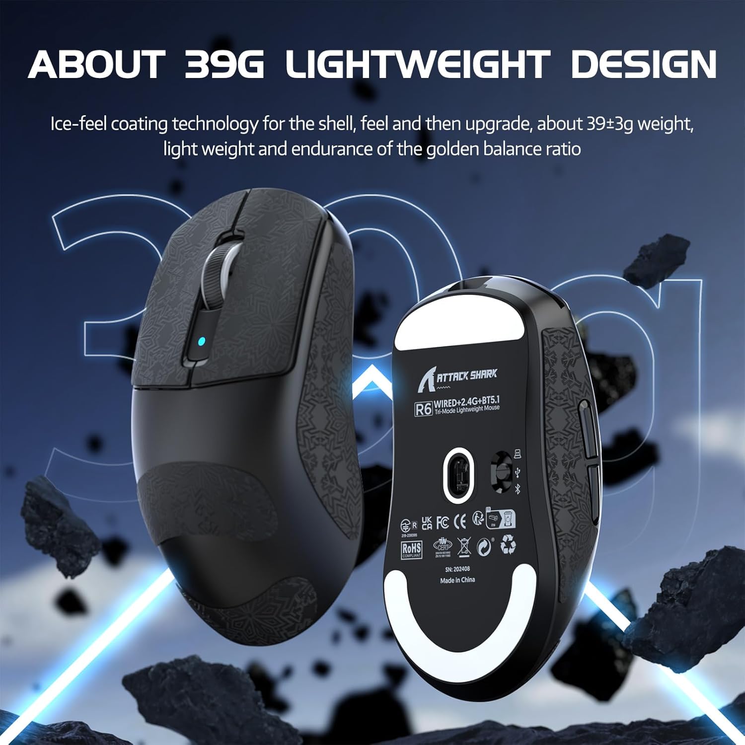 ATTACK SHARK R6 Wireless 8KHz Gaming Mouse, SUPERLIGHT 42g, Nordic 52840 MCU, PixArt PAW3950MAX Gami