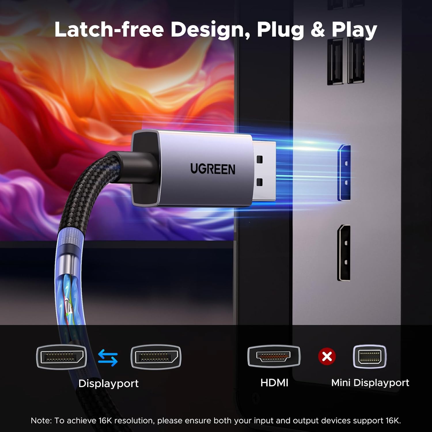 UGREEN DP 2.1 Cable 2 Meters Nylon Braided Ultra High Definition 16K@60Hz 8K@120Hz 4K@240Hz Video Wire 80Gbps Bandwidth HDR Core for Gaming Monitors Graphics Cards Laptops TV PC