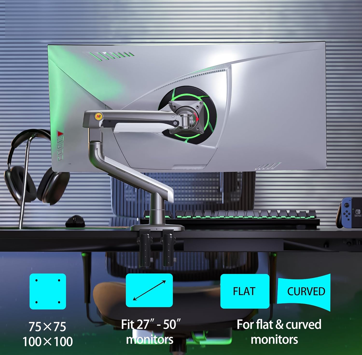 NB Ergonomic Gaming Monitor Arm for Flat/Ultrawide/Curved Monitors 27 to 50 inch, Heavy Duty Monitor