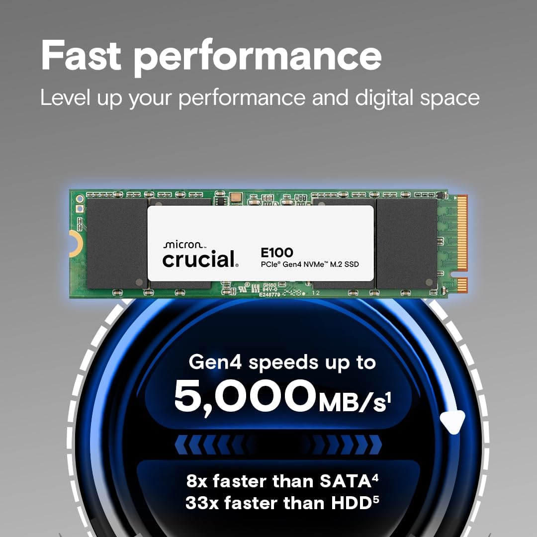 Crucial E100 1TB M.2 NVMe PCIe Gen4 Internal SSD, Up to 5,000MB/s, Laptop & Desktop Compatible - CT1