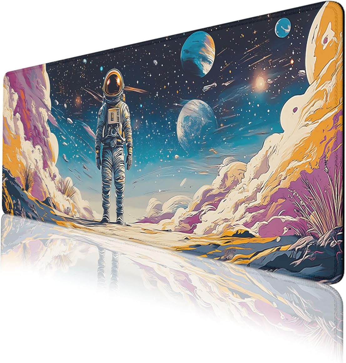 Astronaut Desk Pad Mouse Pad Psychedelic Space Fantasy Planet Extended Gaming Mouse Pad Mat with Sti