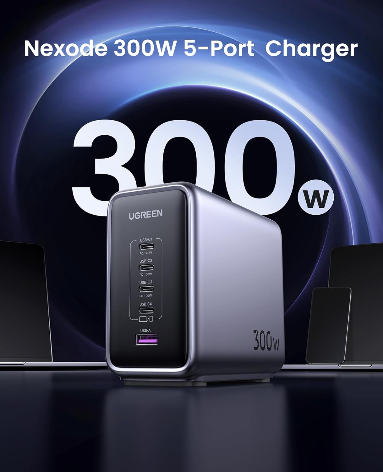 UGREEN CD333-90904 Nexode 300W GaN Wall Charger – 5-Port Fast Charging Adapter with 4 USB-C (PD 140W
