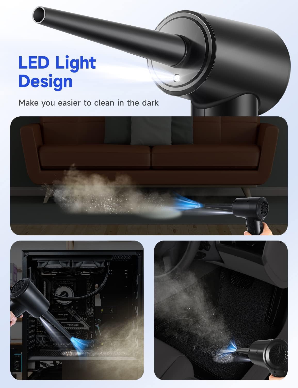 Electric Compressed Air Duster 3-Gear up to 51000RPM Cordless Air Blower 6000mAh Rechargeable Battery With LED Light & Fast Charge For Computer Keyboard (Black)