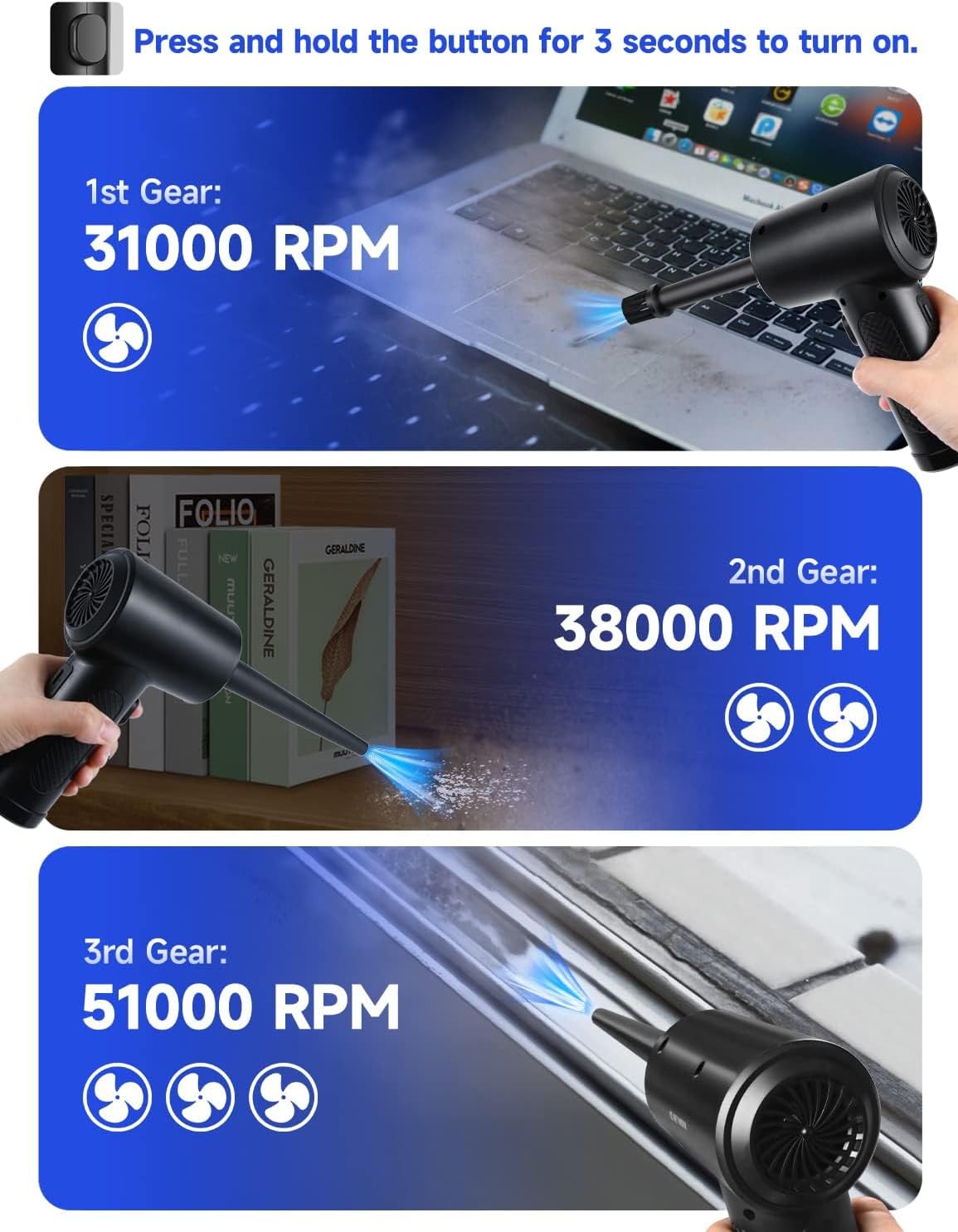 Electric Compressed Air Duster 3-Gear up to 51000RPM Cordless Air Blower 6000mAh Rechargeable Battery With LED Light & Fast Charge For Computer Keyboard (Black)