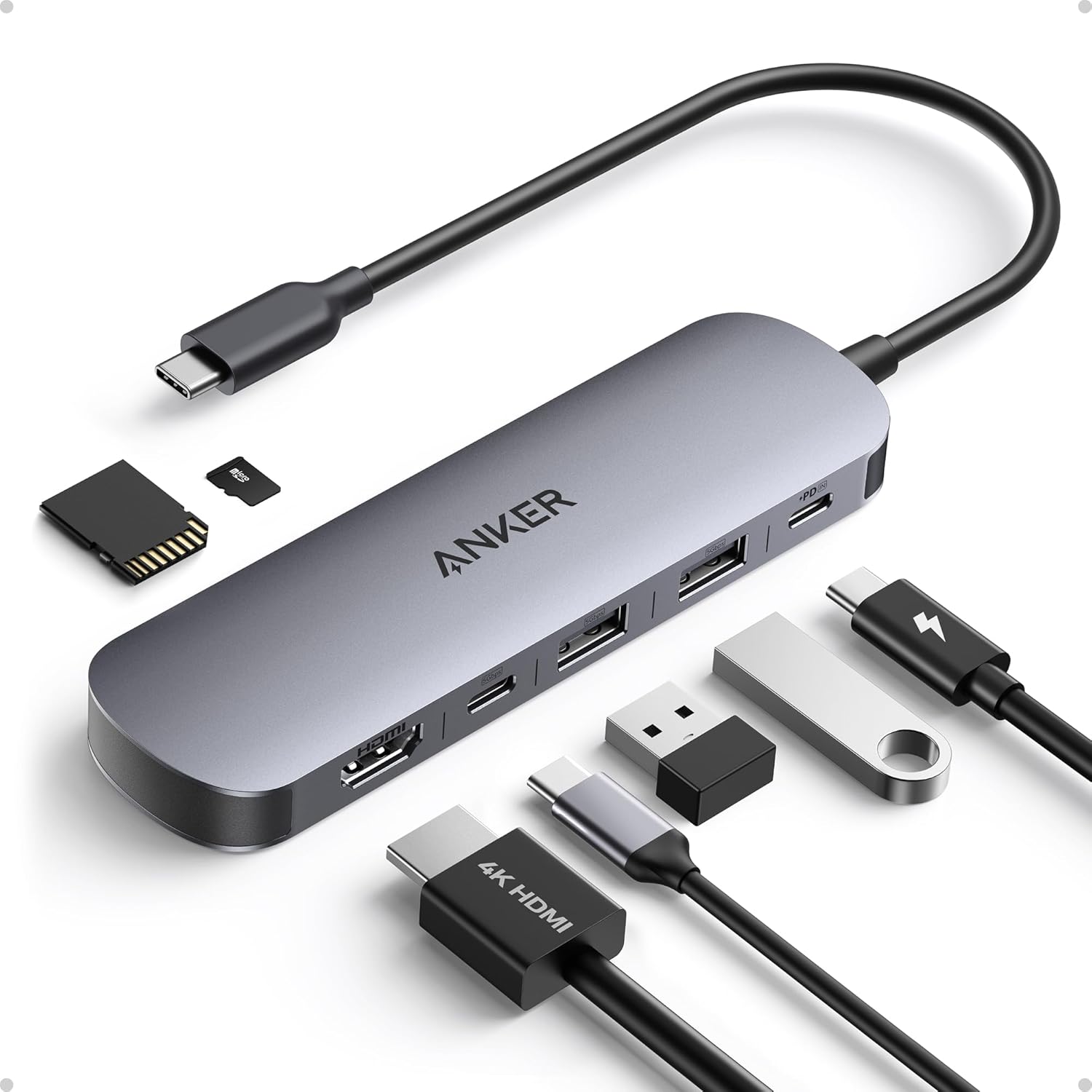 Anker 7-in-1 USB-C Hub Adapter - 4K@60Hz HDMI Splitter, 100W Power Delivery, 3 USB-A & Type-C Data Ports, SD/TF Card Reader for MacBook Pro/Air, iPad, and Type-C Devices