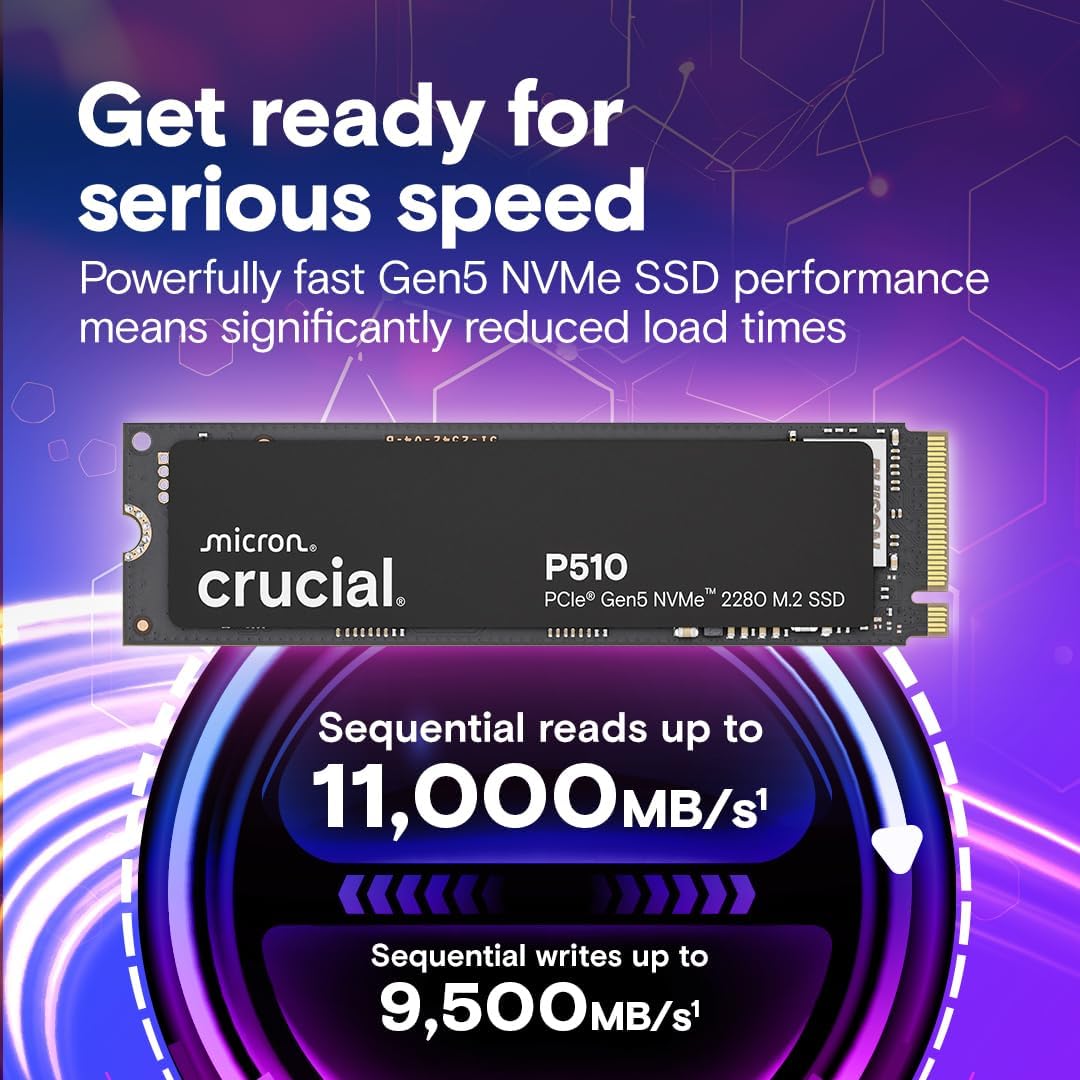 Crucial P510 1TB Gen5 NVMe SSD, Up to 11,000 MB/s, PCIe 5.0 M.2 2280 SSD, Internal Solid State Drive