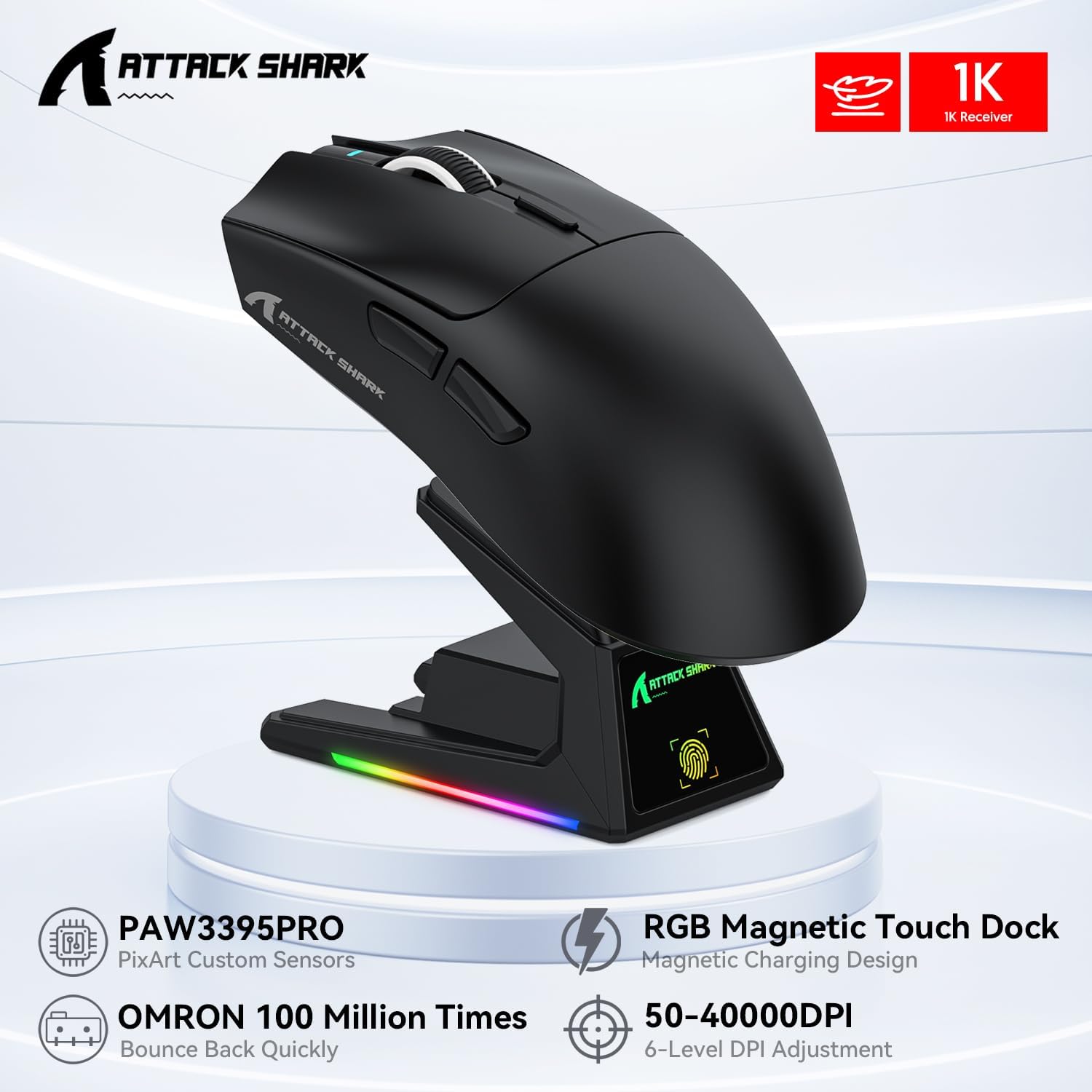 ATTACK SHARK X1 Gaming Mouse with Touchpad RGB Charging Dock, PixArt PAW3395PRO Gaming Sensor, BT/2.