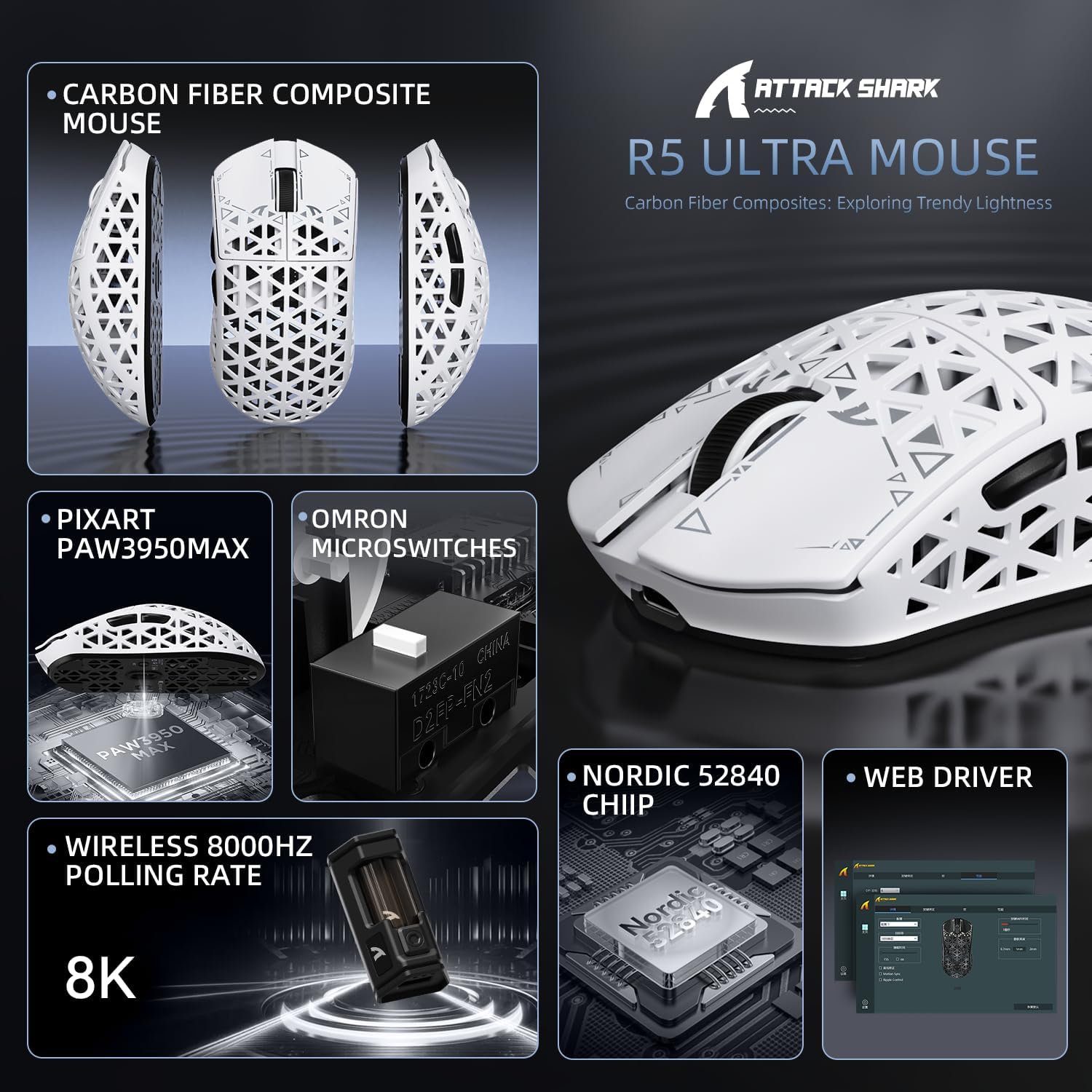 ATTACK SHARK R5Ultra 8K Carbon Fiber Wireless Gaming Mouse with 42,000 DPI -PAW3950 MAX Sensor -39g