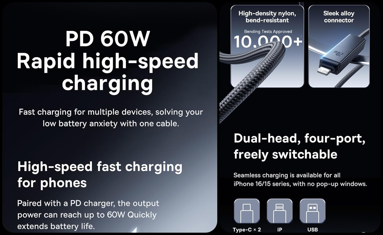 Baseus 4-in-1 60W Fast Charging Cable 0.5m