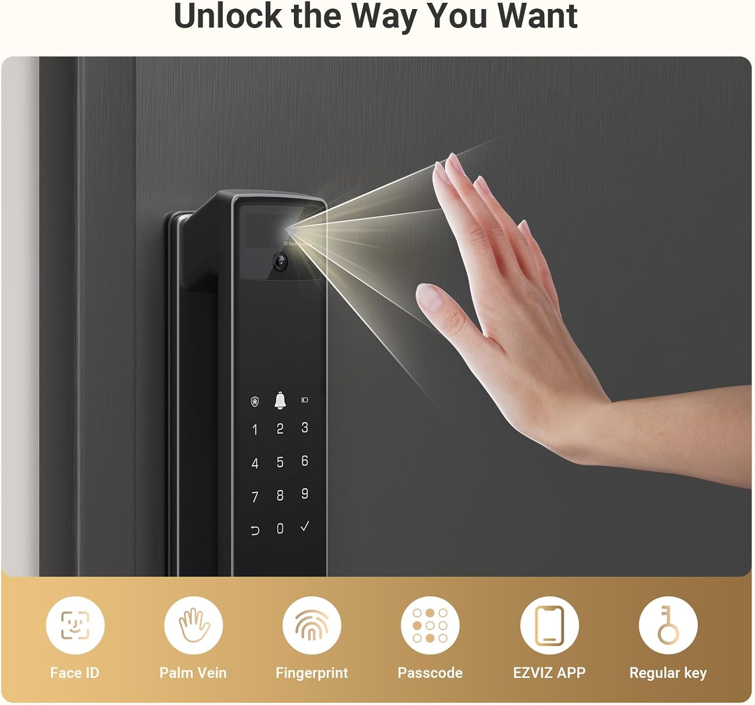 EZVIZ Y3000FVP PLUS 8-in-1 Smart Door Lock Palm Vein & 3D Face Recognition Built-In Wi-Fi 8GB Storage Night Vision Active Intercom Child Safety (6068 Mortise)