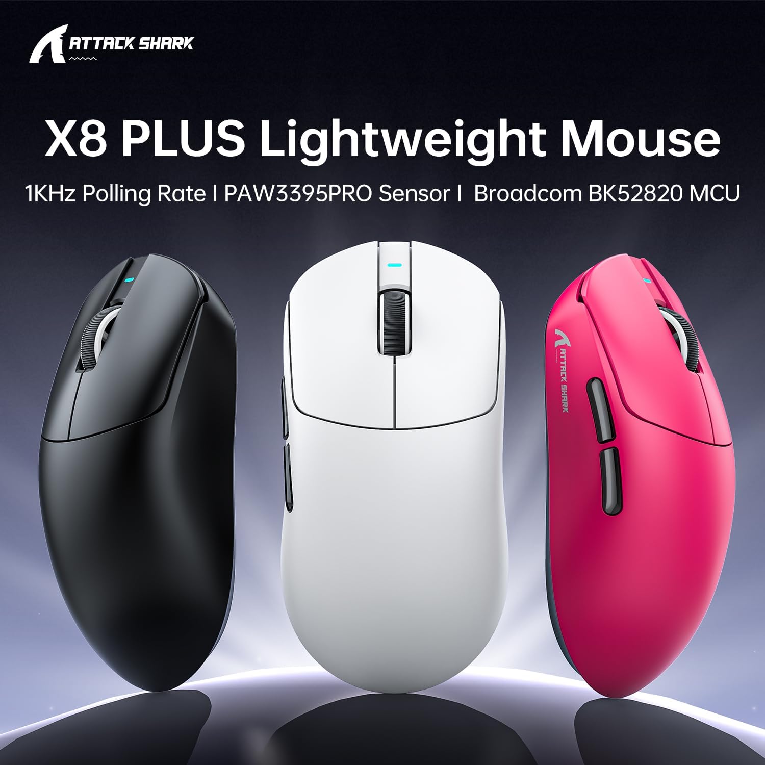 ATTACK SHARK X8PLUS Mouse with Grip Tape for Large Hand, 55g SUPERLIGHT, PixArt PAW3395PRO Gaming Se