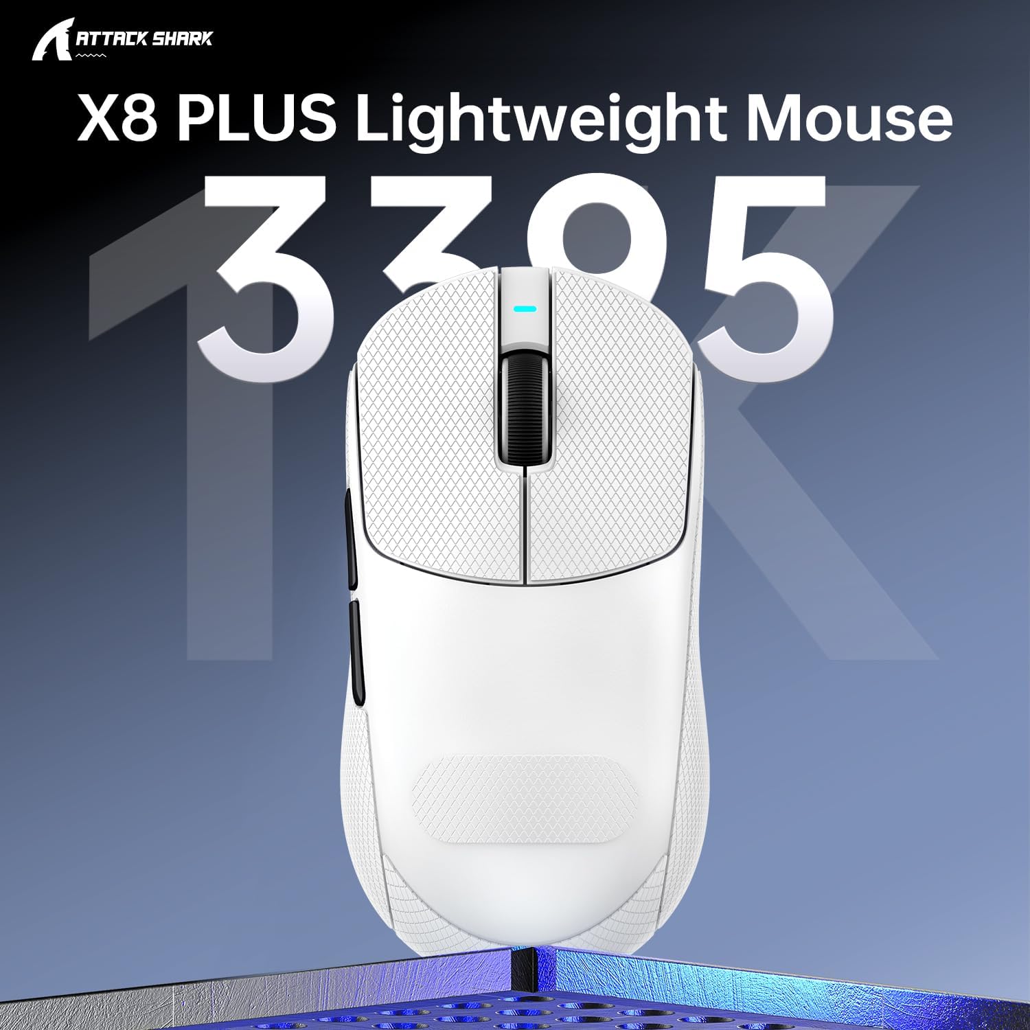 ATTACK SHARK X8PLUS Superlight Gaming Mouse PixArt PAW3395PRO 40000 DPI Tri-Mode Wireless BT 2.4G Wired 55g Lightweight Design 500mAh Battery with Grip Tape for Large Hands - White