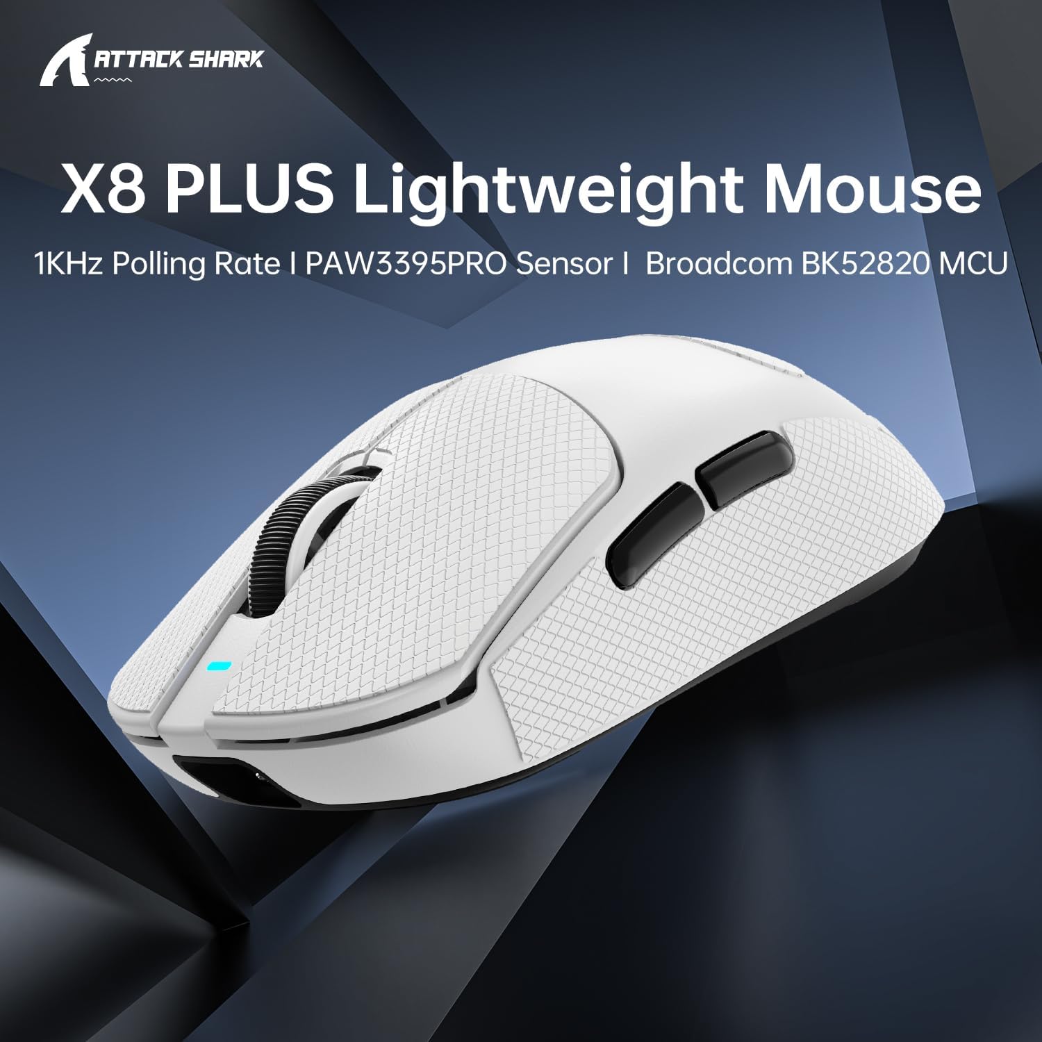 ATTACK SHARK X8PLUS Superlight Gaming Mouse PixArt PAW3395PRO 40000 DPI Tri-Mode Wireless BT 2.4G Wired 55g Lightweight Design 500mAh Battery with Grip Tape for Large Hands - White