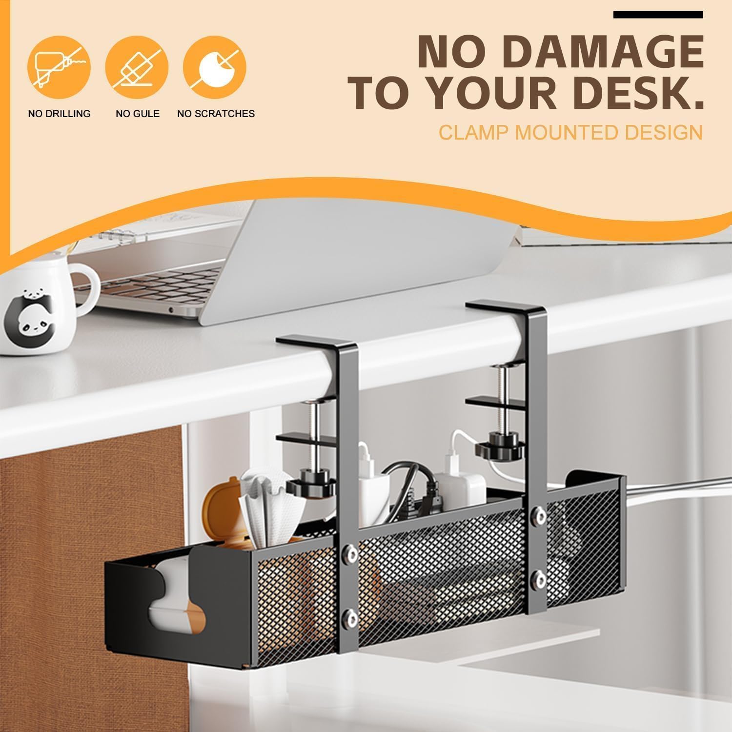 Under Desk Cable Management Tray Black, Wire Organizers No Drill, Cord Organization Box for Office,