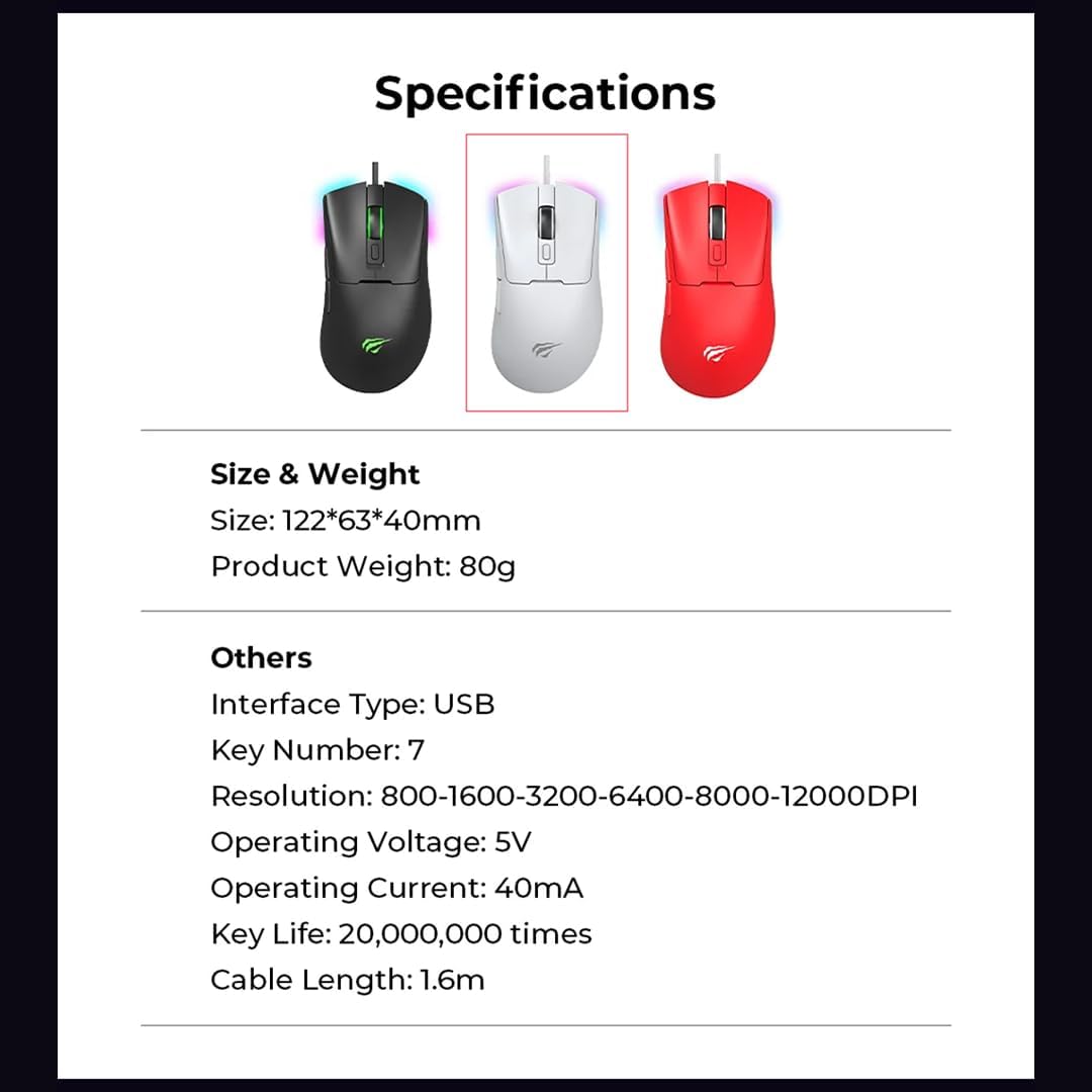 Havit MS966 RGB Wired Gaming Mouse, White