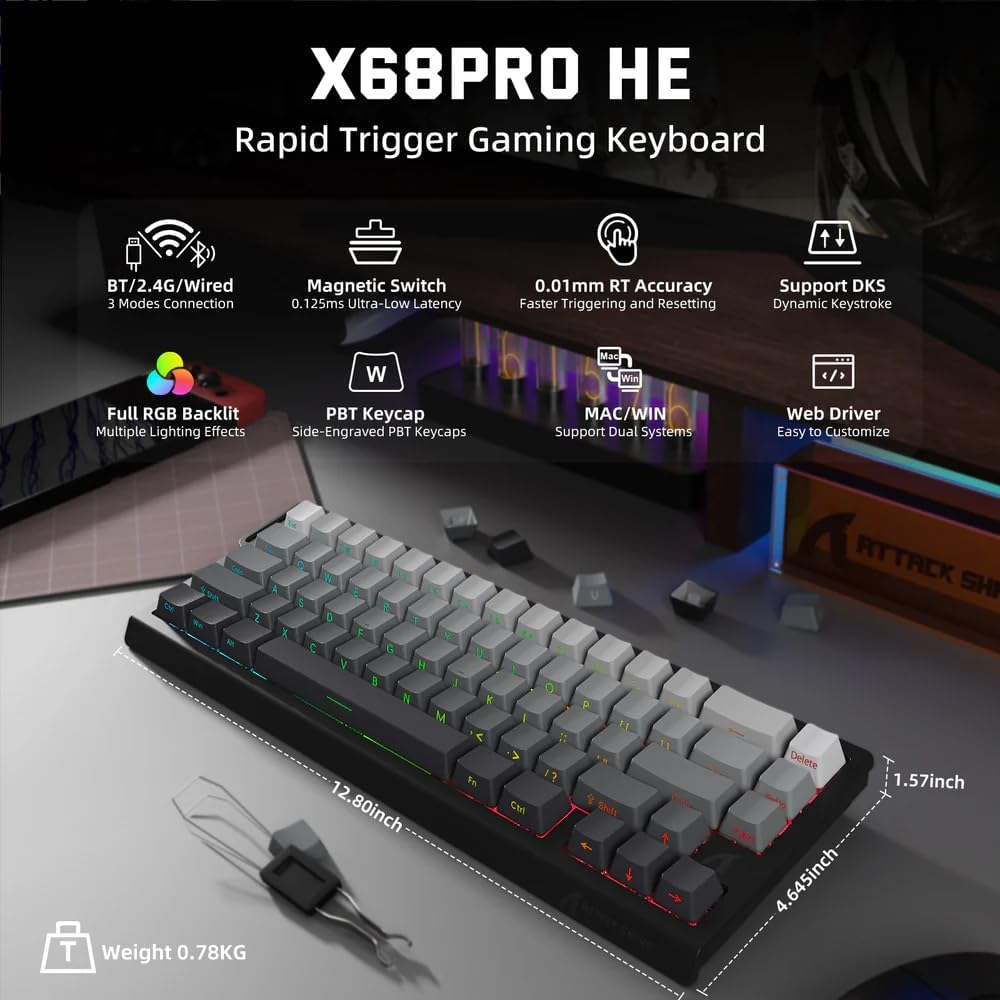 ATTACK SHARK X68PRO HE Rapid Trigger (Hall Effect) Tri-Mode (2.4G/Bluetooth/USB-C) Magnetic Gaming K